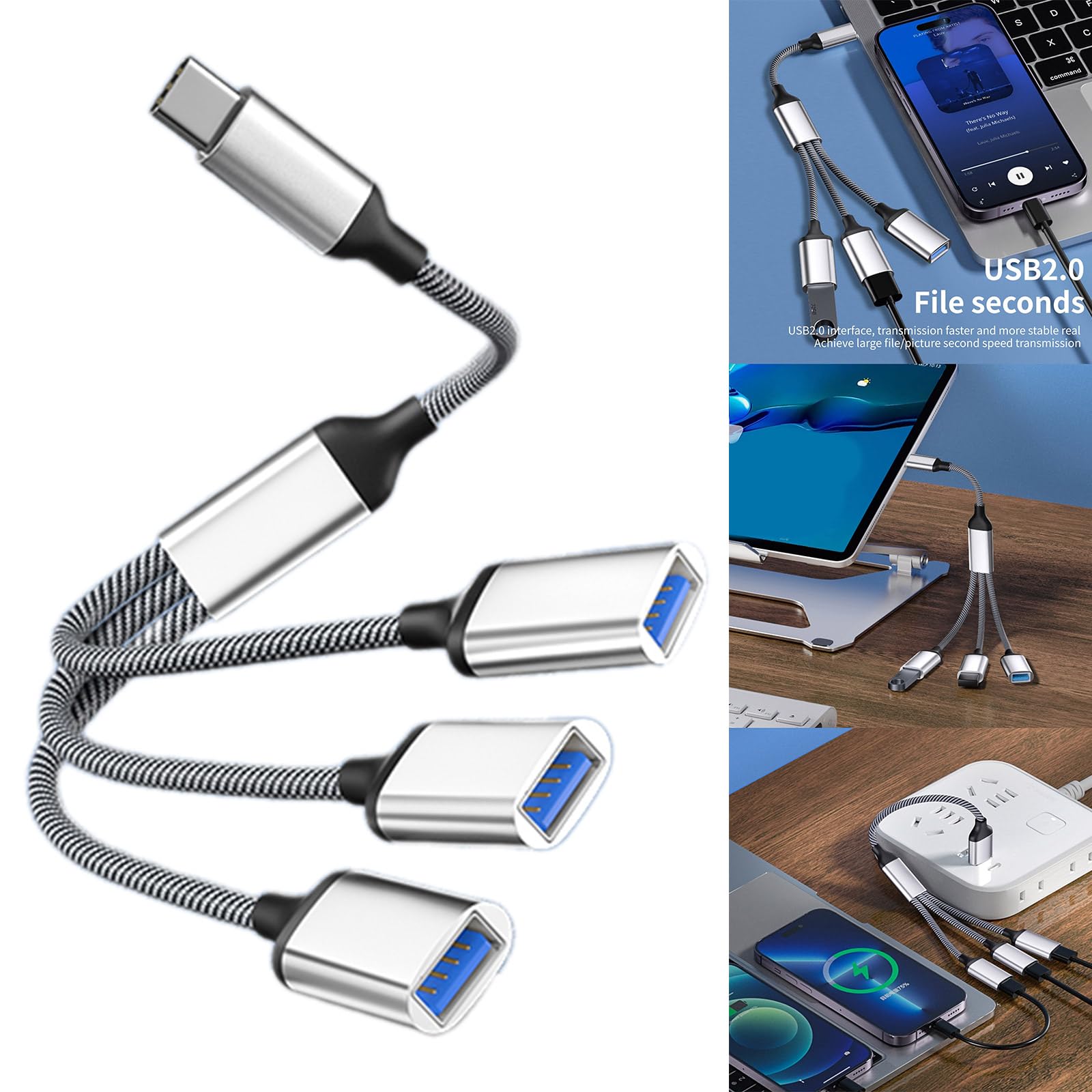 Paopaoldm USB C Hub with 3 USB 2.0 Ports - Alloy USB C to 3 USB OTG Adapter Splitter with Braided Cable - Fast Data Transfer for Laptop, Phone, Tablet - Perfect for Office, Travel & Home Use