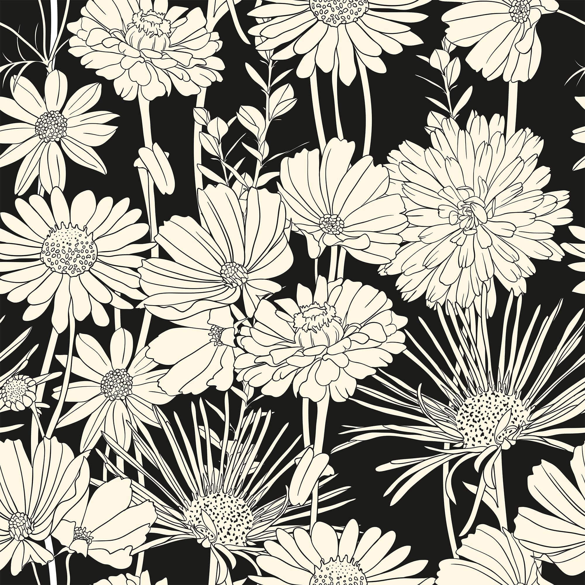 White and Black Hand Drawn Floral Peel and Stick Removable Wallpaper - Self-Adhesive Decorative Wall Covering for Bedroom, Living Room, Nursery, and Home Office Decor