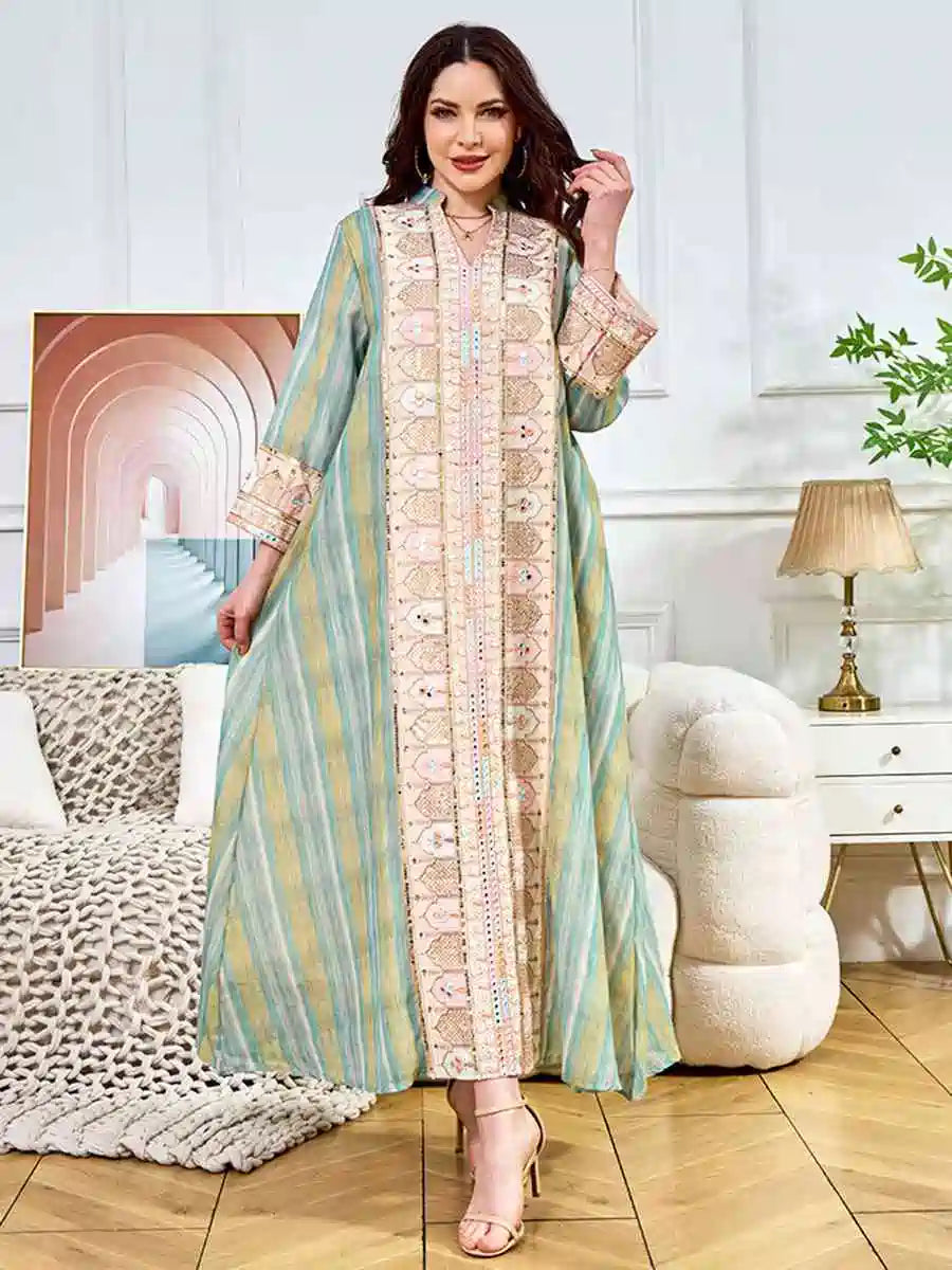 Elegant Eid Sequins Embroidered Caftan Dress for Women - Perfect for Parties, Weddings & Special Occasions