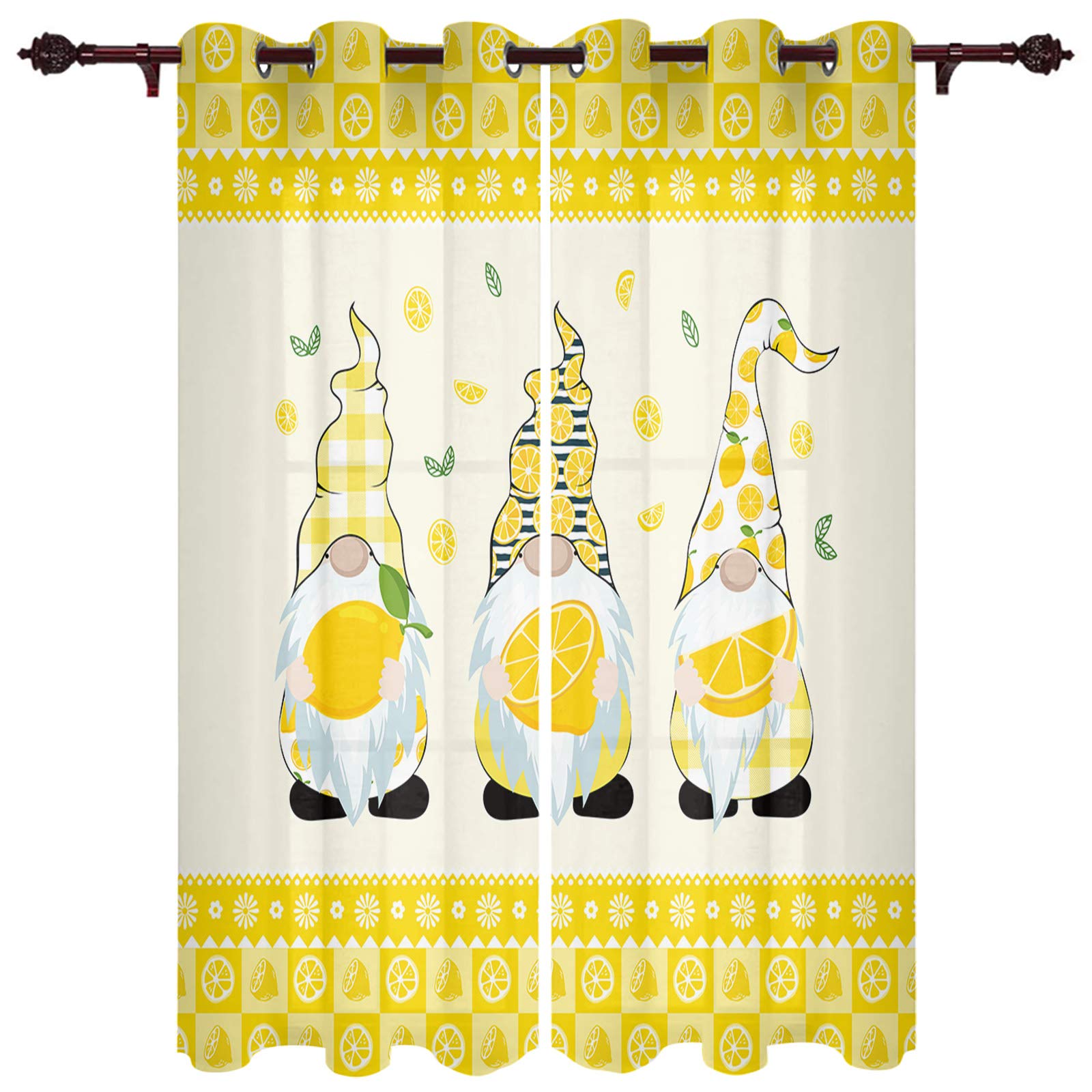 Cute Gnome & Lemon Flower Sheer Curtains - 2 Panels Kitchen Tier Grommet Window Drapes (96 Inch Length) for Living Room, Bedroom, Patio & Sliding Glass Door | Light Filtering Window Treatment for Summer Decor & Privacy