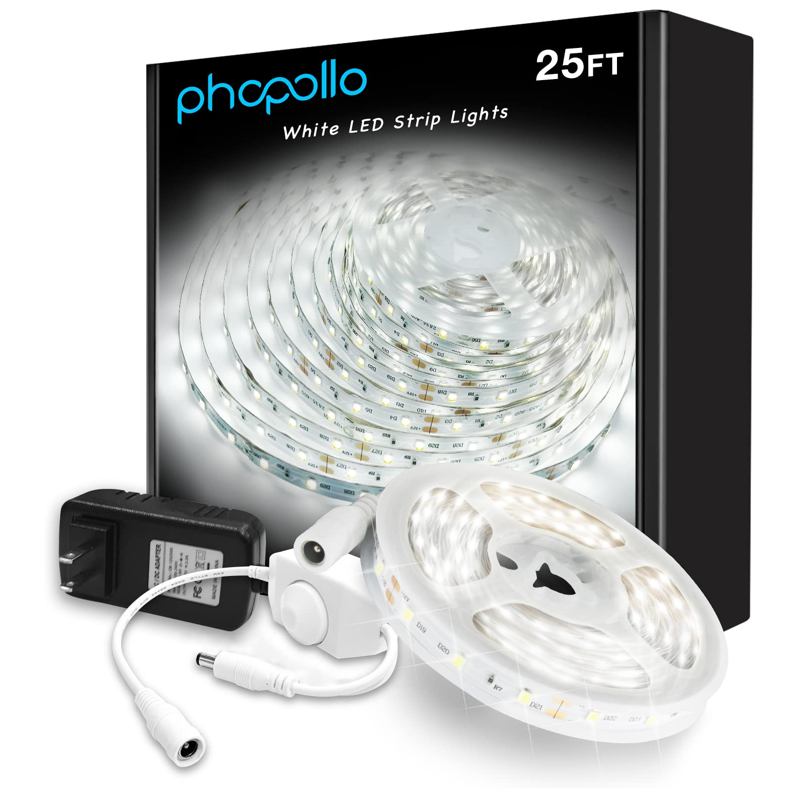 PHOPOLLO 25ft White LED Strip Lights - Dimmable 6500K Daylight White Flexible Light Strip with 460 LEDs for Bedroom, Kitchen, Mirror, TV Backlighting & Home Decoration | Perfect for Accent Lighting, Under Cabinet, and DIY Projects