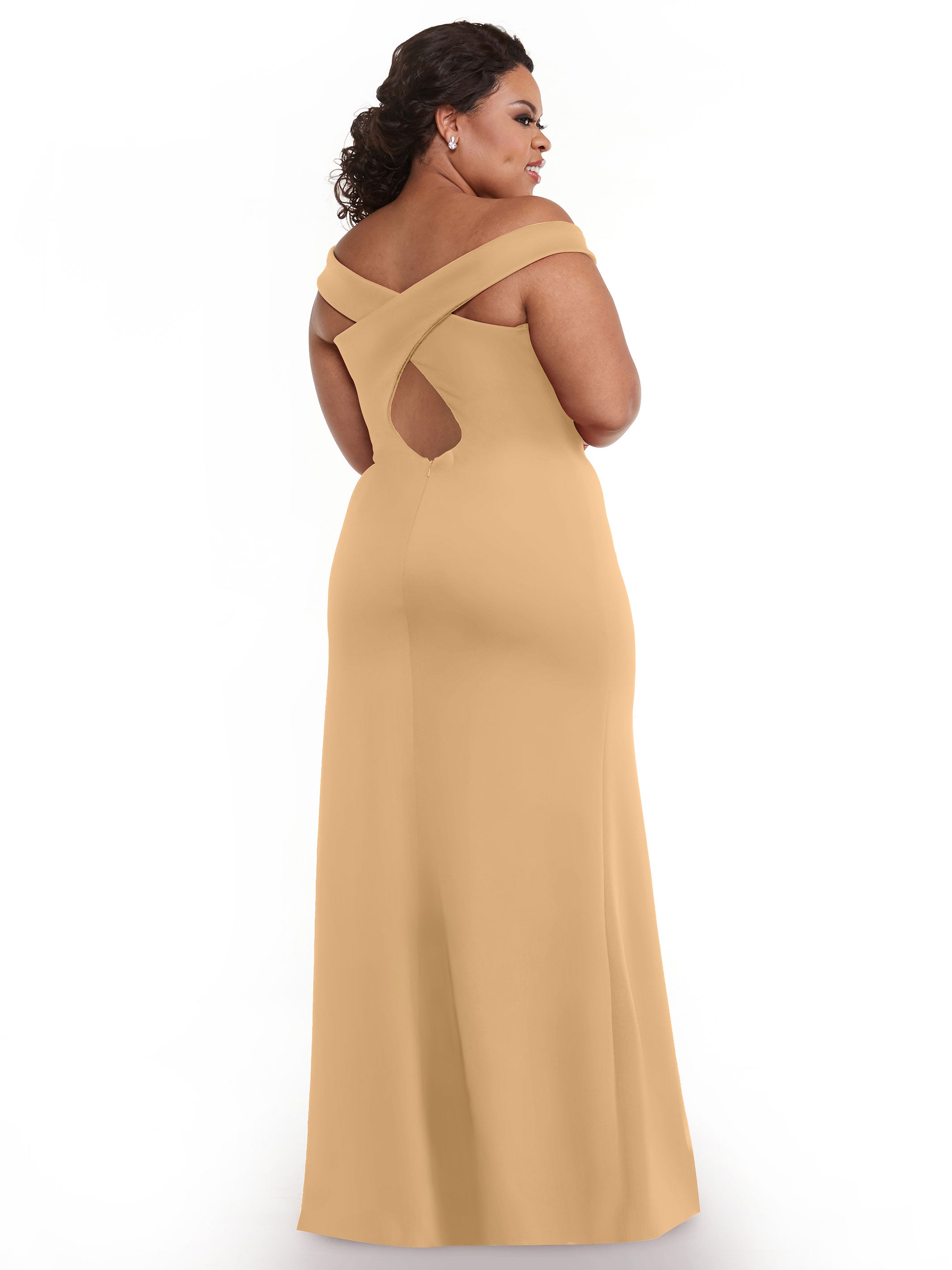 Elegant Off-the-Shoulder Double Knit Bridesmaid Dress with Thigh Slit - Perfect for Weddings, Prom & Formal Events