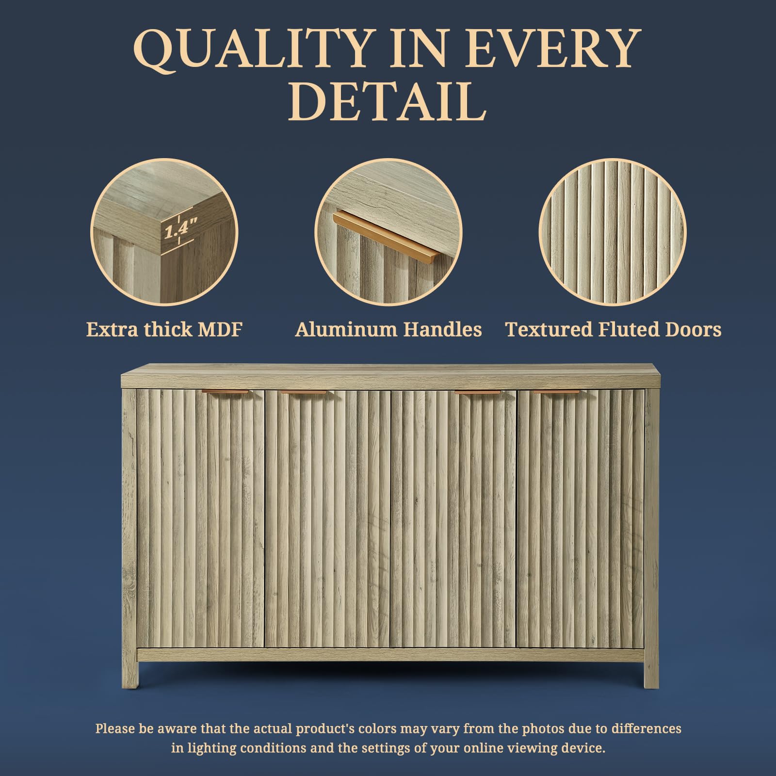 Oxford Fluted Storage Cabinet Sideboard - Large Buffet with Adjustable Shelves, Multifunctional Accent Cabinet for Living Room, Dining Room & Entryway Storage Solution
