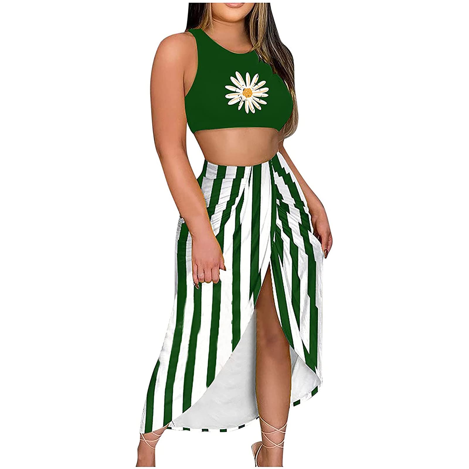 Tynelles Women's Sexy Two Piece Summer Dress - Sleeveless Crop Top & Ruched Midi Skirt Split Beach Dress (Green, Large) | Perfect for Beach Vacations, Pool Parties & Summer Outings