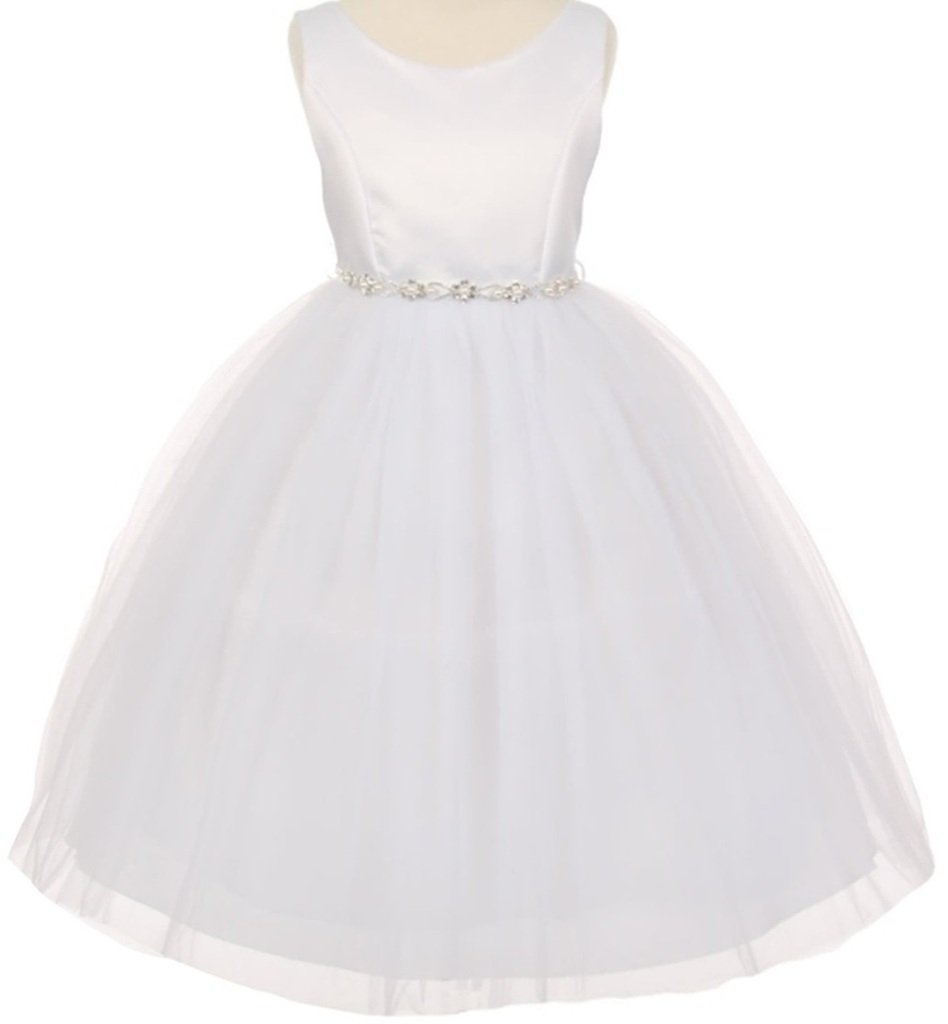 Dreamer P Girls' Communion Dress with Tulle, Rhinestones & Pearls – Elegant Flower Design for First Communion, Baptism & Special Occasions