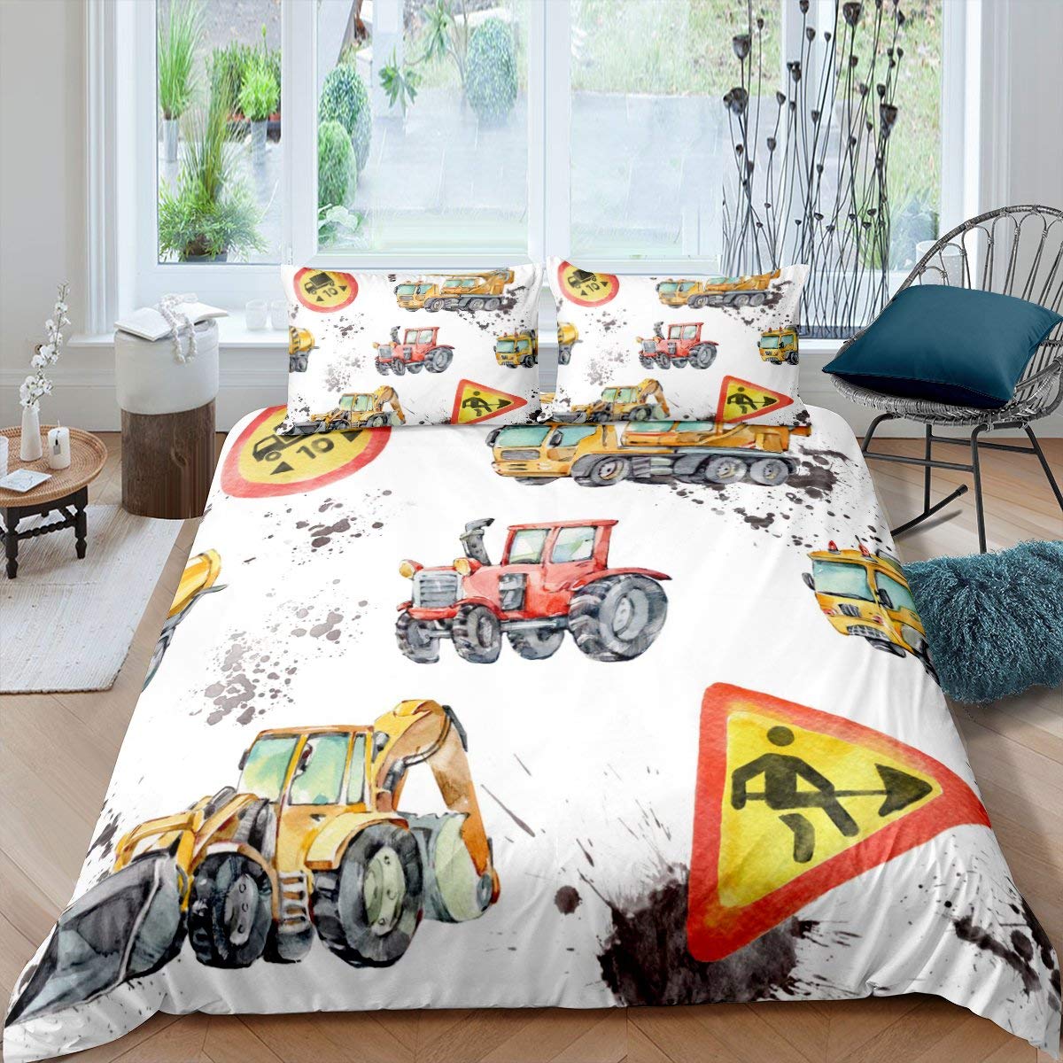 Erosebridal Construction Truck Duvet Cover Set - 2Pcs Twin Size, Yellow Excavator & Tractor Themed Kids Bedding for Boys Room & Dorm Decor | Fun Vehicle Print Comforter Cover for Construction Lovers