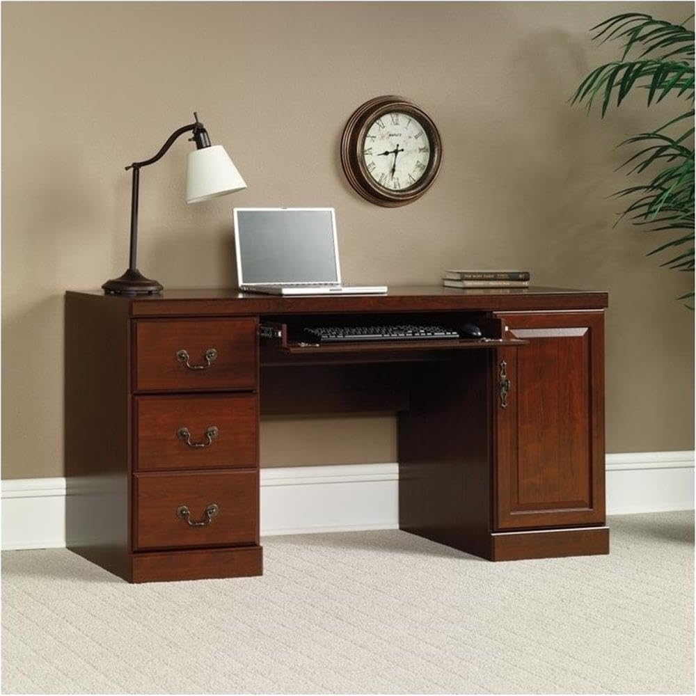 Pemberly Row Traditional Wood Computer Desk Credenza in Classic Cherry - Home Office Furniture for Work & Study, Perfect for Desktops, Laptops & Storage