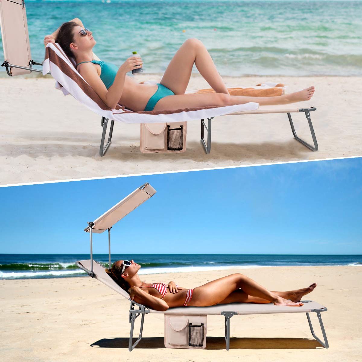 Giantex Adjustable Patio Chaise Lounge Chair with Canopy & Storage - 5-Position Reclining Tanning Chair for Poolside, Beach, Lawn, Camping & Outdoor Relaxation - Foldable Sunbathing Recliner (Beige)