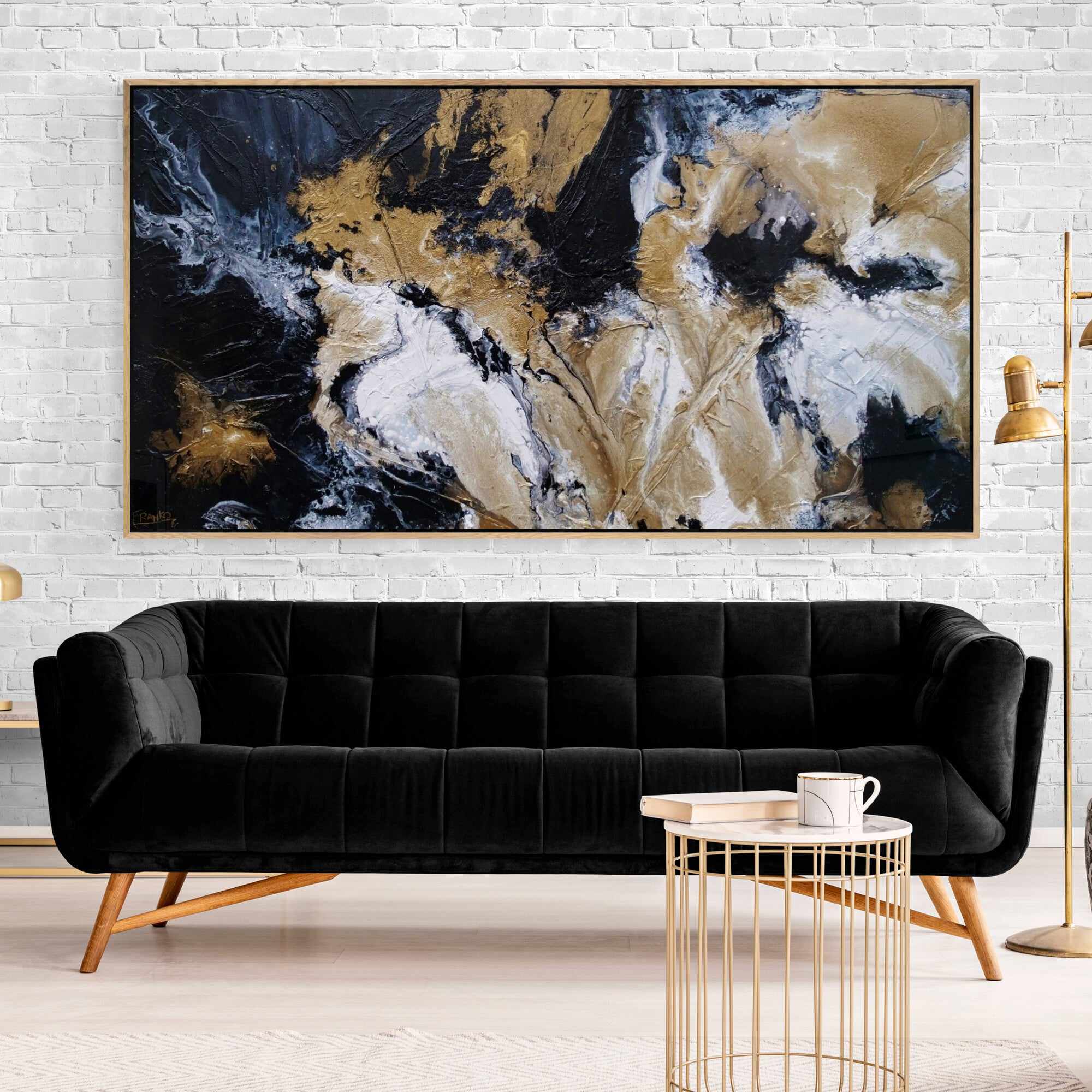 190cm x 100cm Black Gold White Textured Abstract Canvas Painting - Modern Wall Art for Living Room, Bedroom & Office Decor - Golden Saturation Design