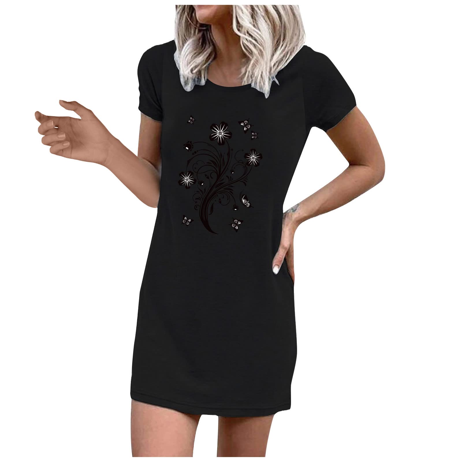 XHJUN Women's Summer Dresses 2023 - Solid Color & Printed Round Neck Short Sleeve Cocktail Dress for Wedding Guest, Party, Beach Vacation & Casual Wear
