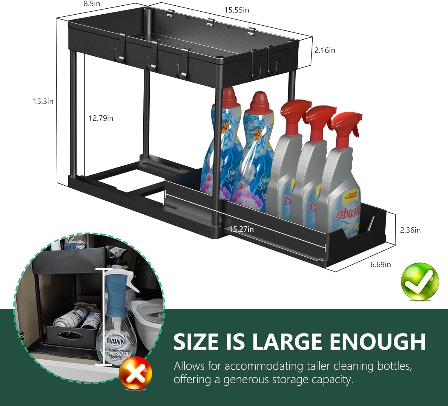 2-Pack Under Sink Organizer with Sliding Shelves & Hooks - Space Saving Bathroom & Kitchen Storage Cabinet - Perfect for Small Spaces Under Vanity, Bathroom Sink or Kitchen Cabinet - Black