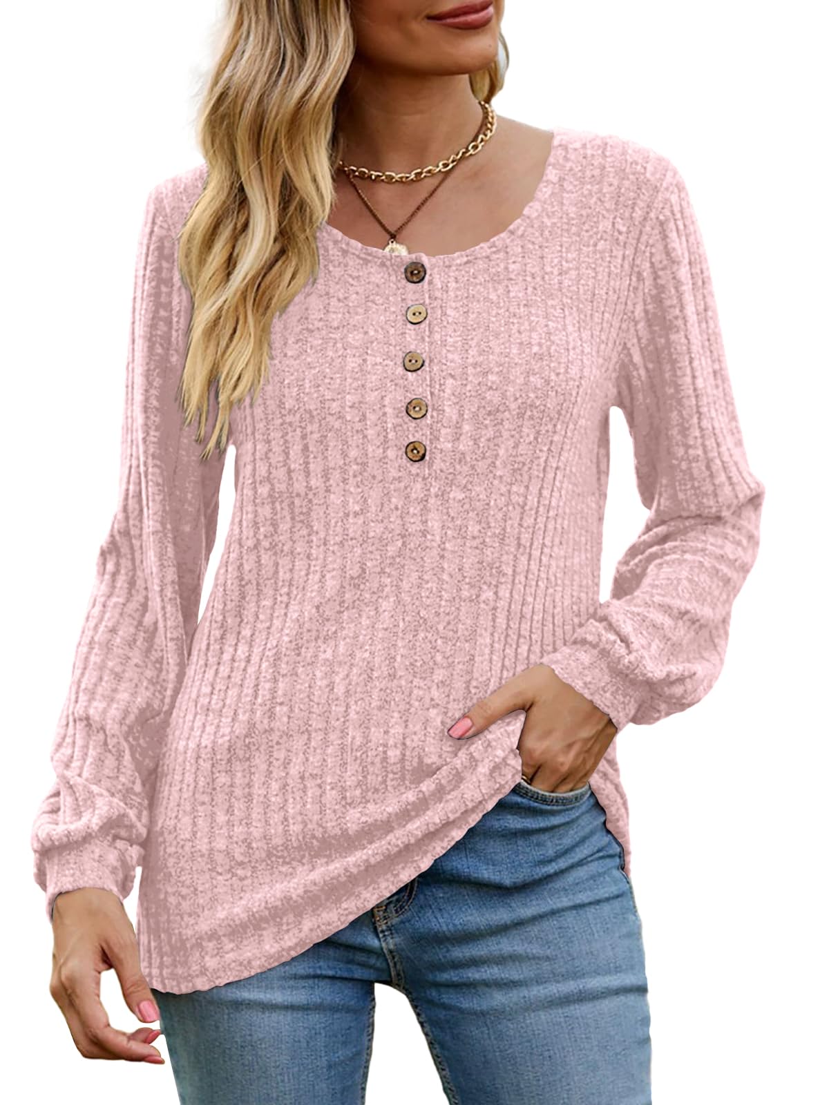DB MOON Women's Lightweight Sweaters 2025 - Long Sleeve Henley Shirt, Fall Casual Crewneck Tunic Tops for Women | Perfect for Office Wear, Date Night & Autumn Layering