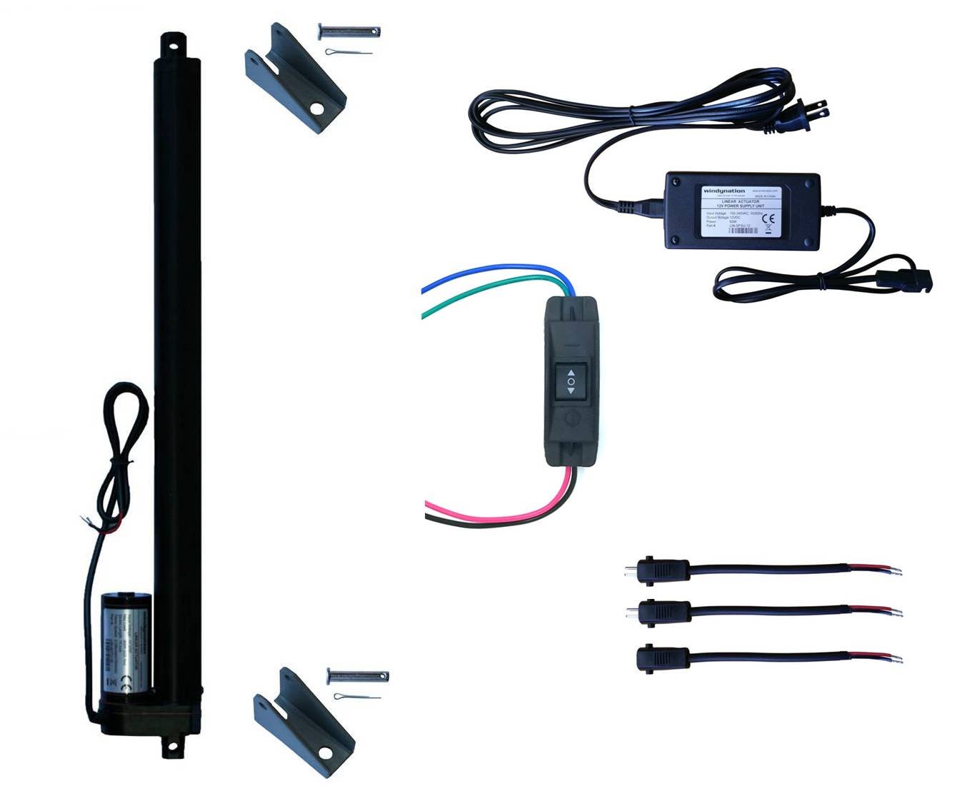 WindyNation 12V Linear Actuator Kit with Power Supply, DPDT Switch, Mounting Brackets & Connectors - 16 Inch Stroke, Momentary Switch - Perfect for DIY Projects, Home Automation, and Industrial Applications