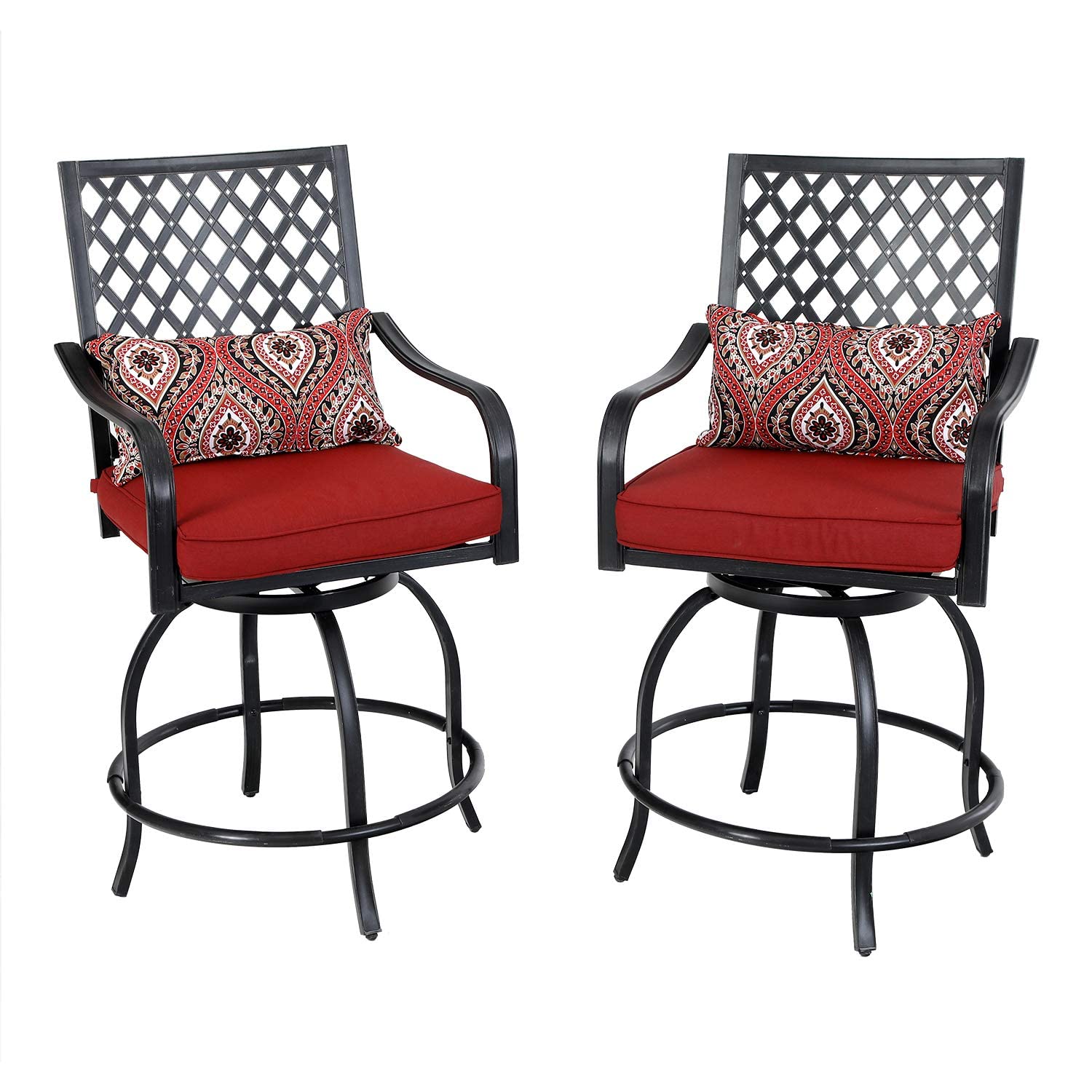 PHI VILLA 2-Piece Outdoor Swivel Bar Stool Set - 27.5 Inch Bar Height Patio Chairs with Red Cushion, Wide Armrest & Back Support - Weather-Resistant Coating - Perfect for Poolside, Deck, Garden & Outdoor Dining Areas