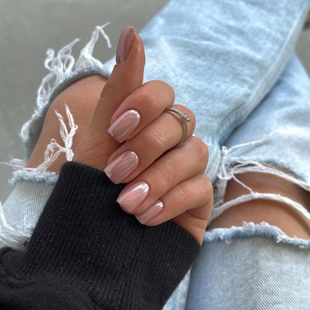 KQueenest Short Press On Nails - Chrome Square Fake Nails with Mirror Shine & Sparkle Gel | Natural Glazed Glue On Nails for Women | Perfect for Daily Wear, Office, Parties & Special Occasions