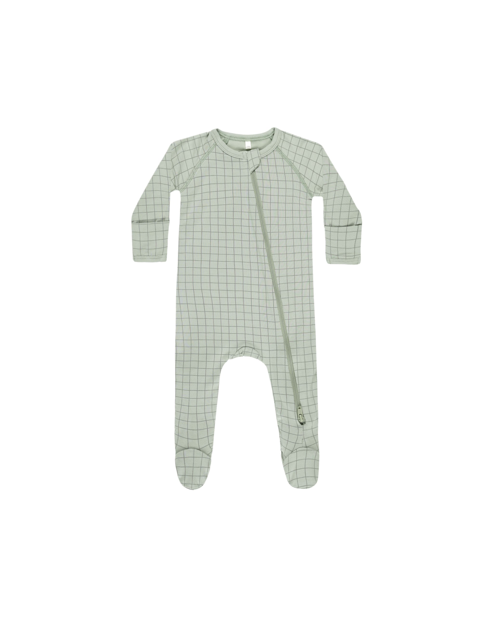 Organic Bamboo Zip Footie Pajamas for Babies & Toddlers - Soft Sage Green with Grid Pattern - Perfect for Sleepwear, Playtime & Comfortable Lounging