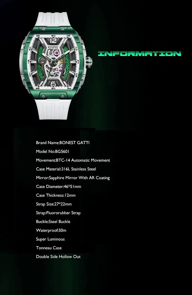 Luxury BONEST GATTI Men's Automatic Mechanical Watch 46MM - Tonneau Case, Sapphire Crystal, Waterproof, Skeleton Dial, Luminous Hands, Viton Strap - Perfect for Business, Formal Events & Gift Giving