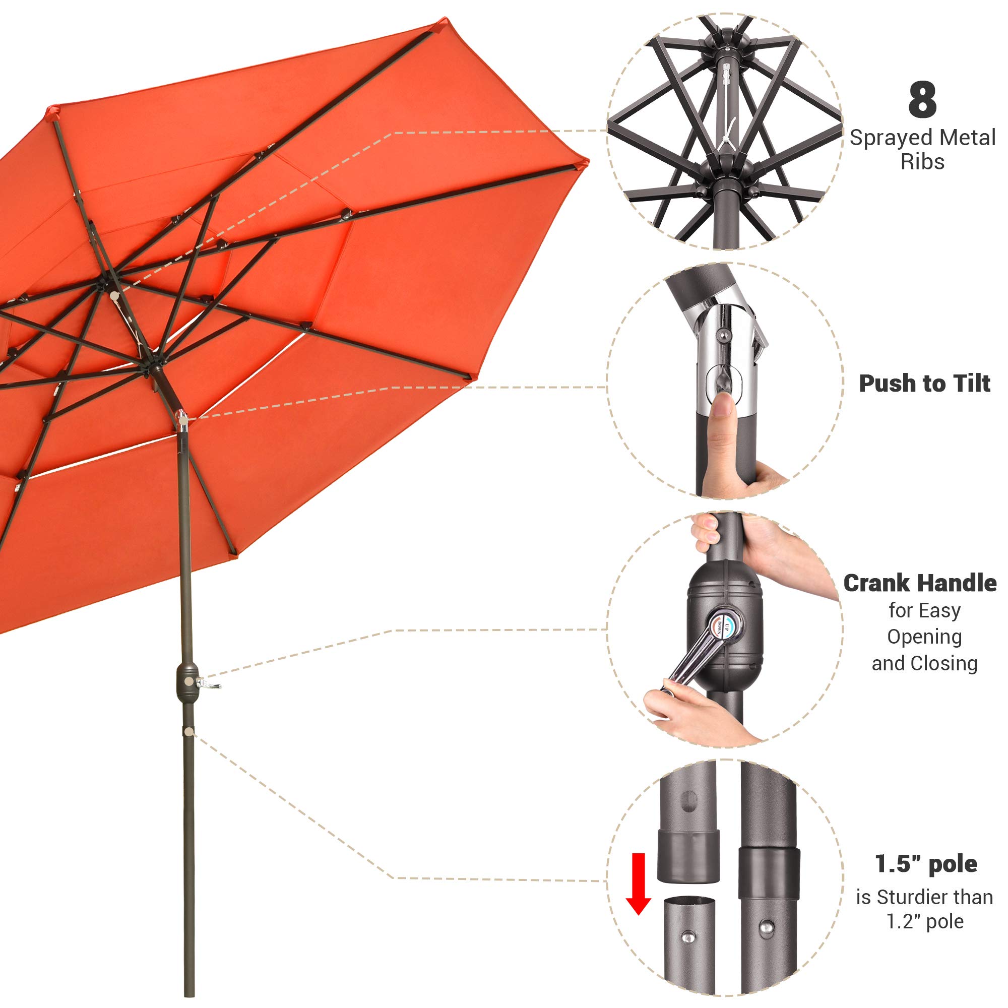 Yescom 11 Ft 3 Tier Outdoor Patio Umbrella with Crank & Tilt Mechanism - Waterproof Protective Cover Included for Hotels, Resorts, Backyard, Poolside & Beach Use