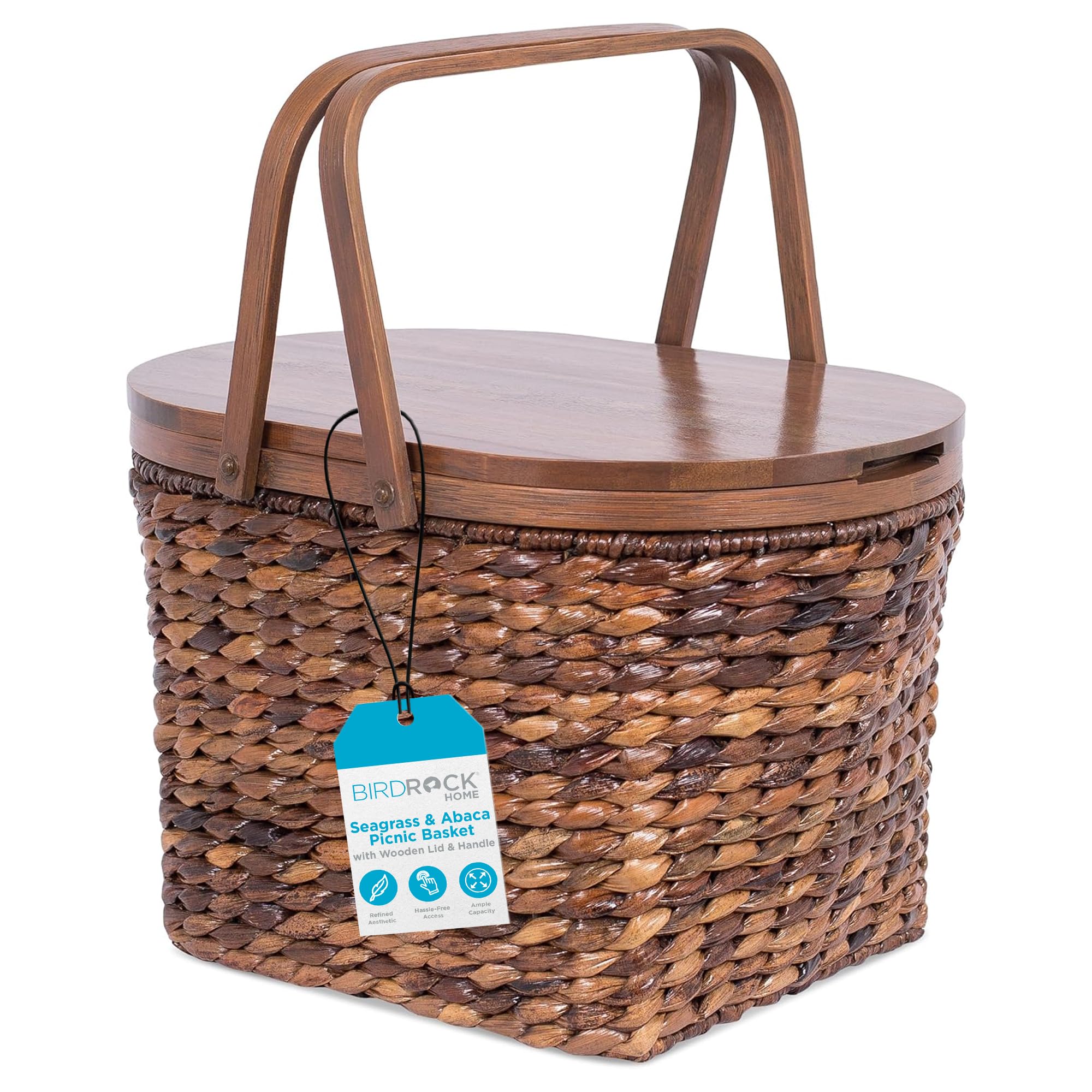 BIRDROCK HOME Handwoven Seagrass & Abaca Picnic Basket with Wooden Lid & Handle - Natural Storage Basket for Home Decor, Outdoor Picnics, Camping, Hiking, Beach Trips, Valentine's Day Gifts & Party Supplies - Espresso Color - Perfect for Family Gatherings, Romantic Dates & Outdoor Adventures