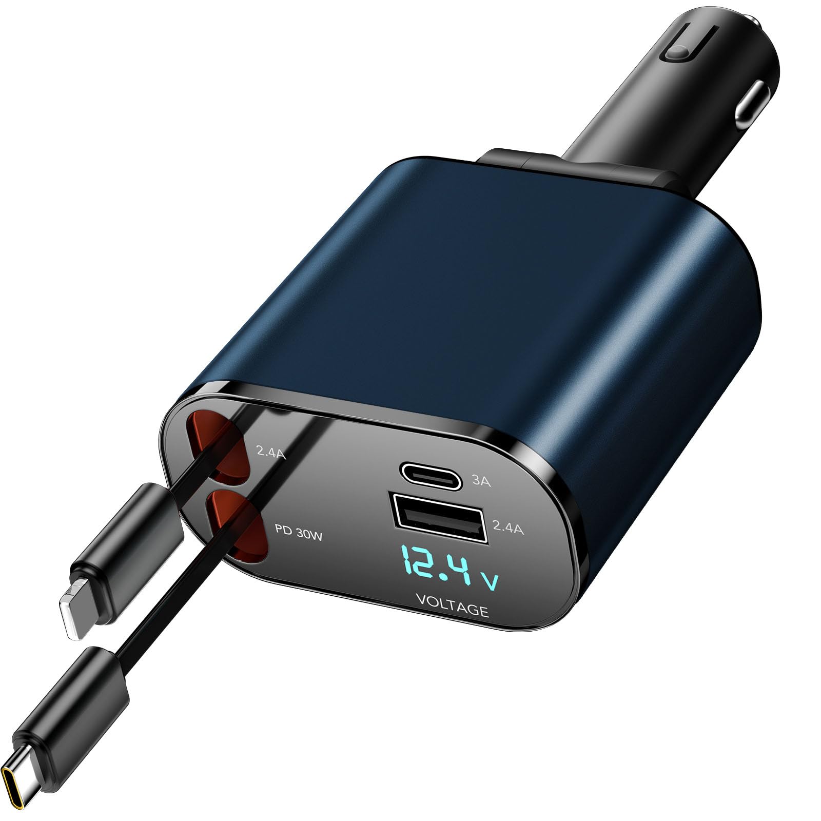 60W 4-in-1 Retractable Car Charger with Fast Charging & 2 USB Ports - Compatible with iPhone 16/15/14/13/12/11 Pro Max, Galaxy S23 & Pixel - Perfect for Road Trips & Daily Commutes