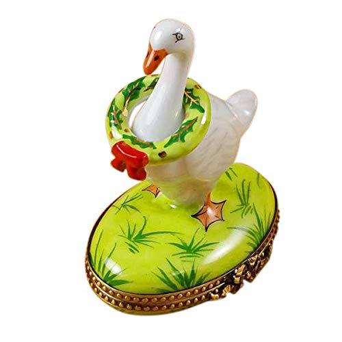 Limoges Porcelain Box with Rochard Goose, Spring & Christmas Wreaths - Hand-Painted Collectible Trinket Box for Home Decor, Gift Giving & Holiday Display