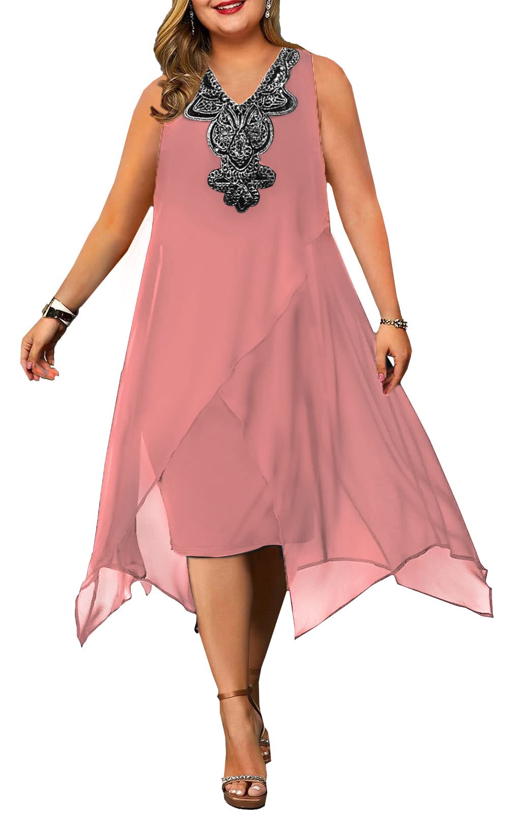 OCSTRADE Women's Plus Size Chiffon Dress - Sleeveless Flowy Midi Dress for Cocktail Party, Wedding Guest, Summer Vacation & Special Occasions