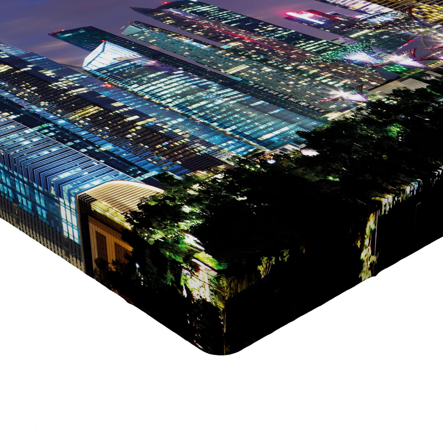 Ambesonne Full Size Fitted Sheet - Singapore Cityscape Night View Modern Architecture Urban Design - Deep Pocket Elastic Bed Cover for Mattress - Perfect for Guest Rooms, Vacation Homes & Dormitory Use