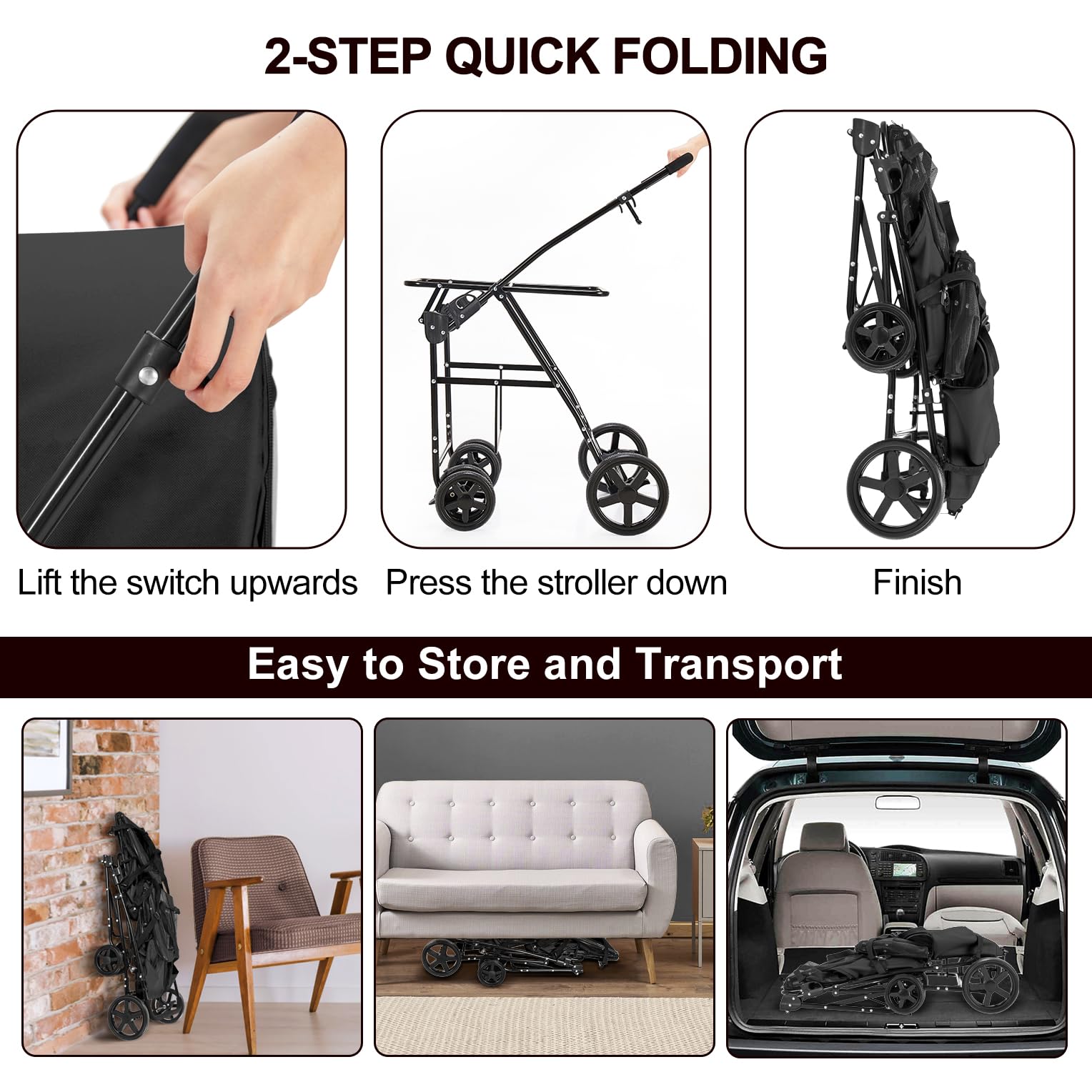 Double Pet Stroller for Dogs & Cats - 2 Detachable Carriers, Quick-Folding Design for Small/Medium Pets, 4-Wheel Black Stroller | Perfect for Park Walks, Vet Visits & Shopping Trips