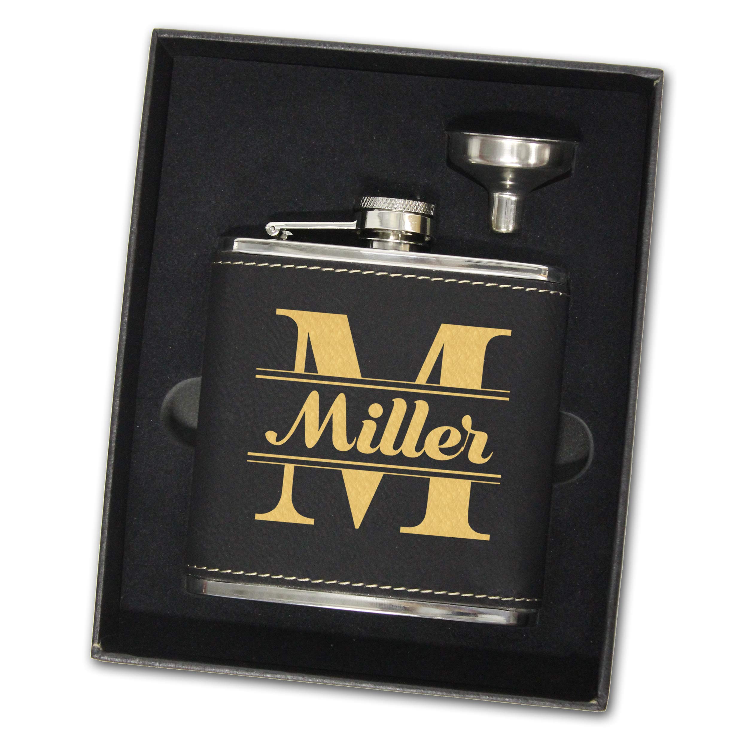 Premium Personalized Flask Gift Set with Funnel & Storage Box - Custom Engraved Name (Elegant Black with Gold Lettering) - Perfect for Weddings, Anniversaries & Corporate Gifts