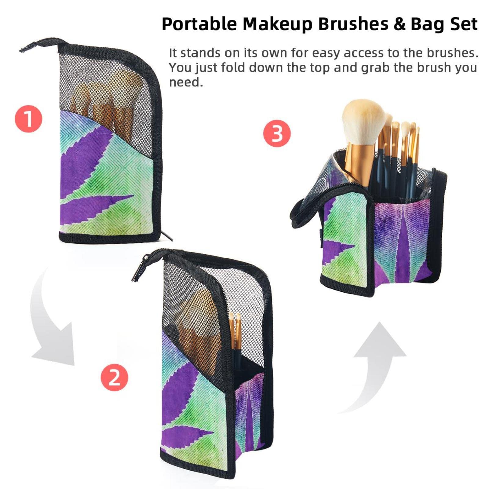Vintage Plant Purple Leaves Makeup Brush Organizer Bag with 12 Brush Holder - Portable Cosmetic Brush Case for Travel, Home & Professional Makeup Artist Kit