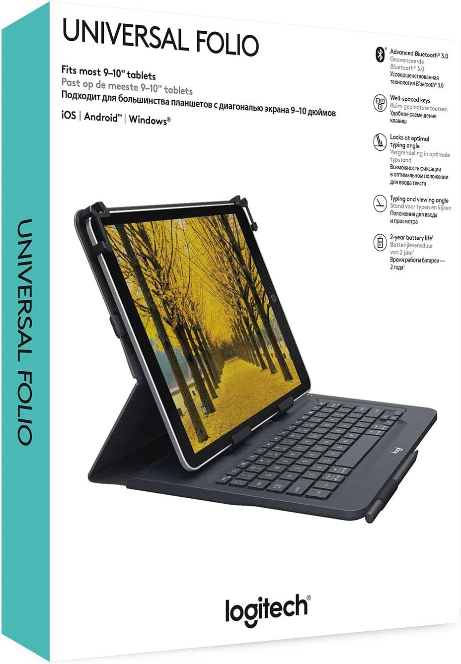 Logitech Universal Folio with Bluetooth 3.0 Keyboard - Compatible with Apple iPad, Android & Windows Tablets (9-10 inch) - Black | Open Box | Perfect for Work, Travel & Home Office Use