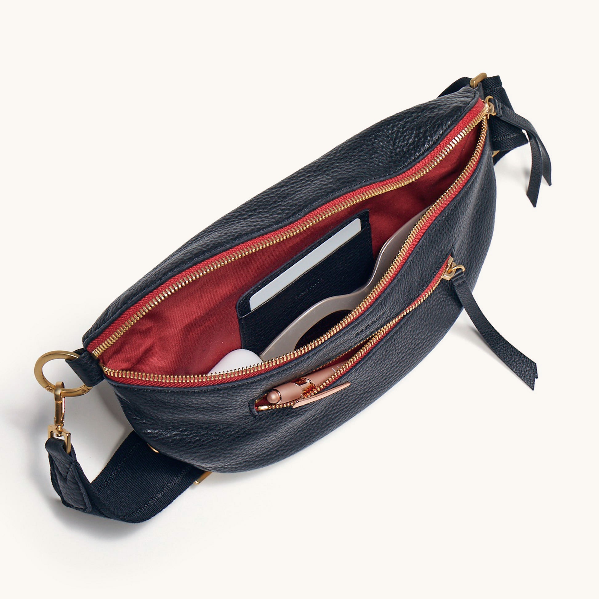 Charles Crossbody Bag for Women - Black with Brushed Gold Red Zip - Large Size - Perfect for Work, Travel, and Everyday Use