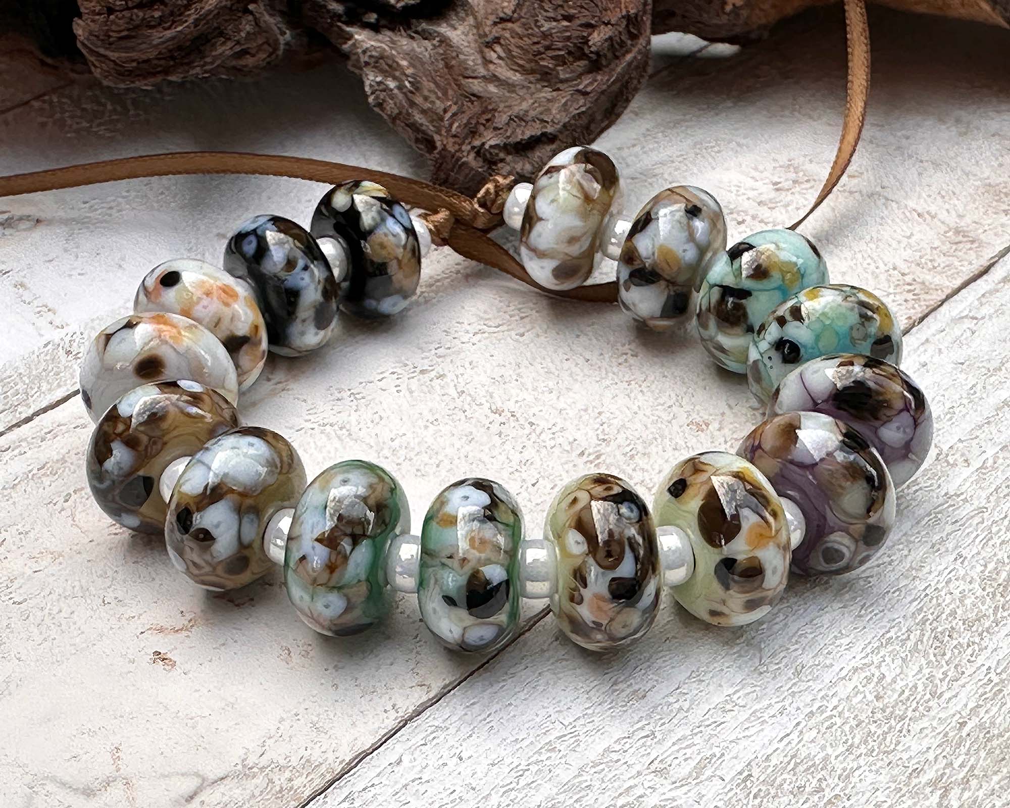 16 Picasso Brown Mosaic Lampwork Glass Beads Set - Handmade SRA Beads for Jewelry Making, Bracelets & Necklace Designs - Perfect for DIY Crafts, Beading Projects and Gift Giving
