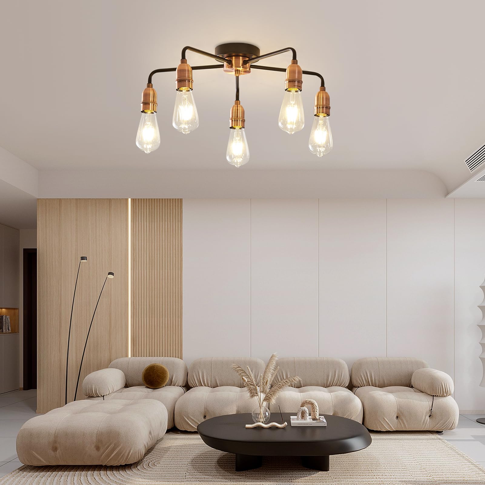 HARPER LIVING E27/ES Semi-Flush Ceiling Light Fixture - Black with Matte Silver Finish, LED Compatible for Energy Saving - Perfect for Living Room, Bedroom, Kitchen, Hallway, Hotel & B&B Lighting - 5-Light Modern Ceiling Lamp for Home & Commercial Spaces (Black & Copper)