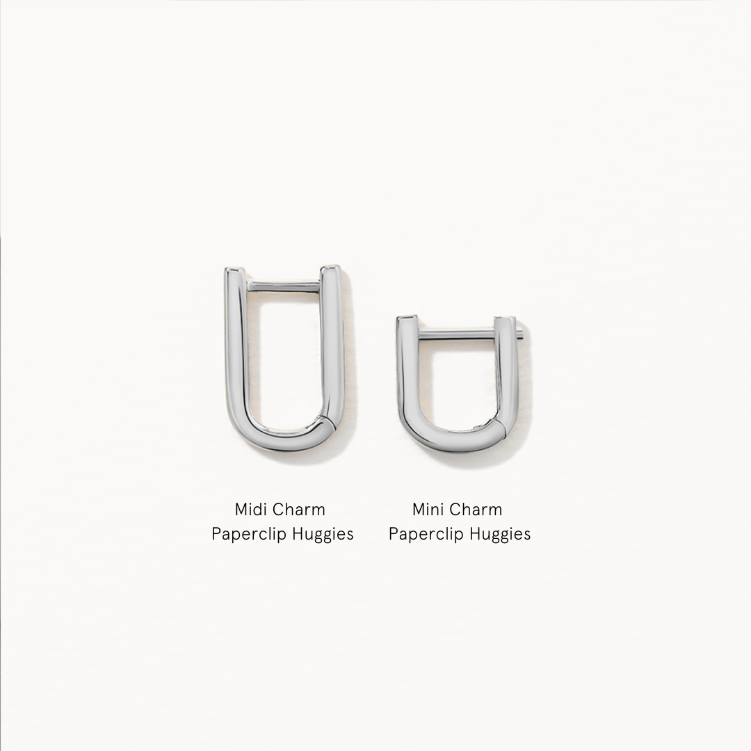 Silver Midi Charm Paperclip Huggie Earrings for Women - Trendy Minimalist Hoop Earrings for Everyday Wear, Office & Date Night