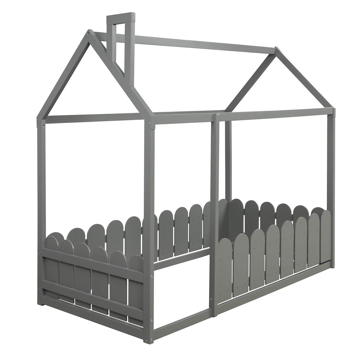 **Kids Twin Size Wood Floor Bed - House Shape Bed Frame with Roof & Fence - Cabin/Tent Bed for Children & Teens (Gray) - Perfect for Playrooms, Bedrooms & Montessori Spaces**