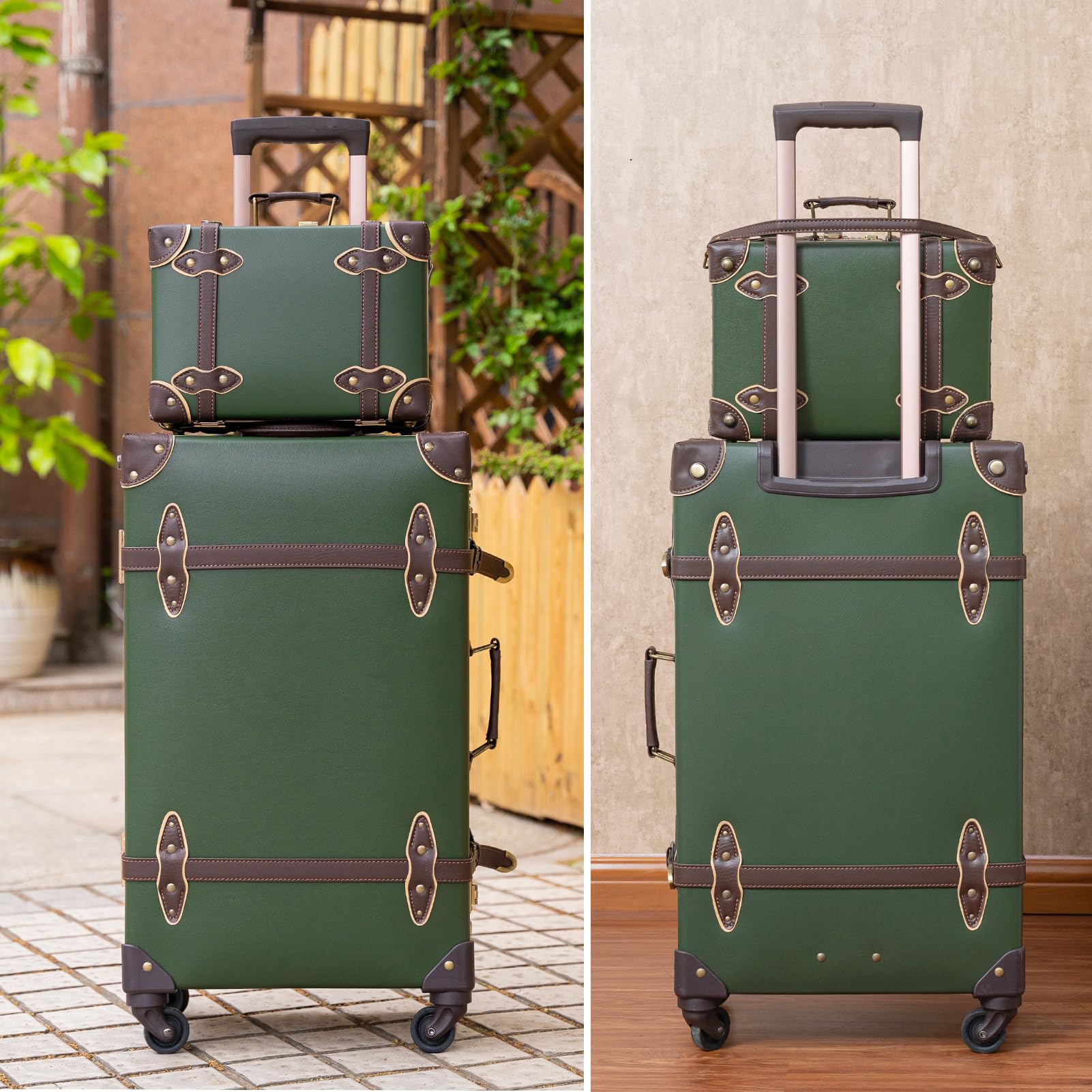 Vintage Suitcase Set for Women - 2 Piece Retro Luggage with Zipperless TSA Approved Design, Army Green (20