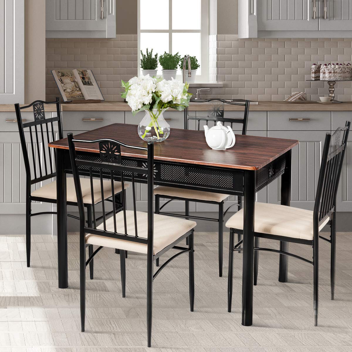 Tangkula 5-Piece Vintage Dining Set - Retro Wood Table with Metal Frame & Padded Chairs - Kitchen & Dining Room Furniture for Small Spaces, Apartments, Breakfast Nooks & Cozy Family Meals