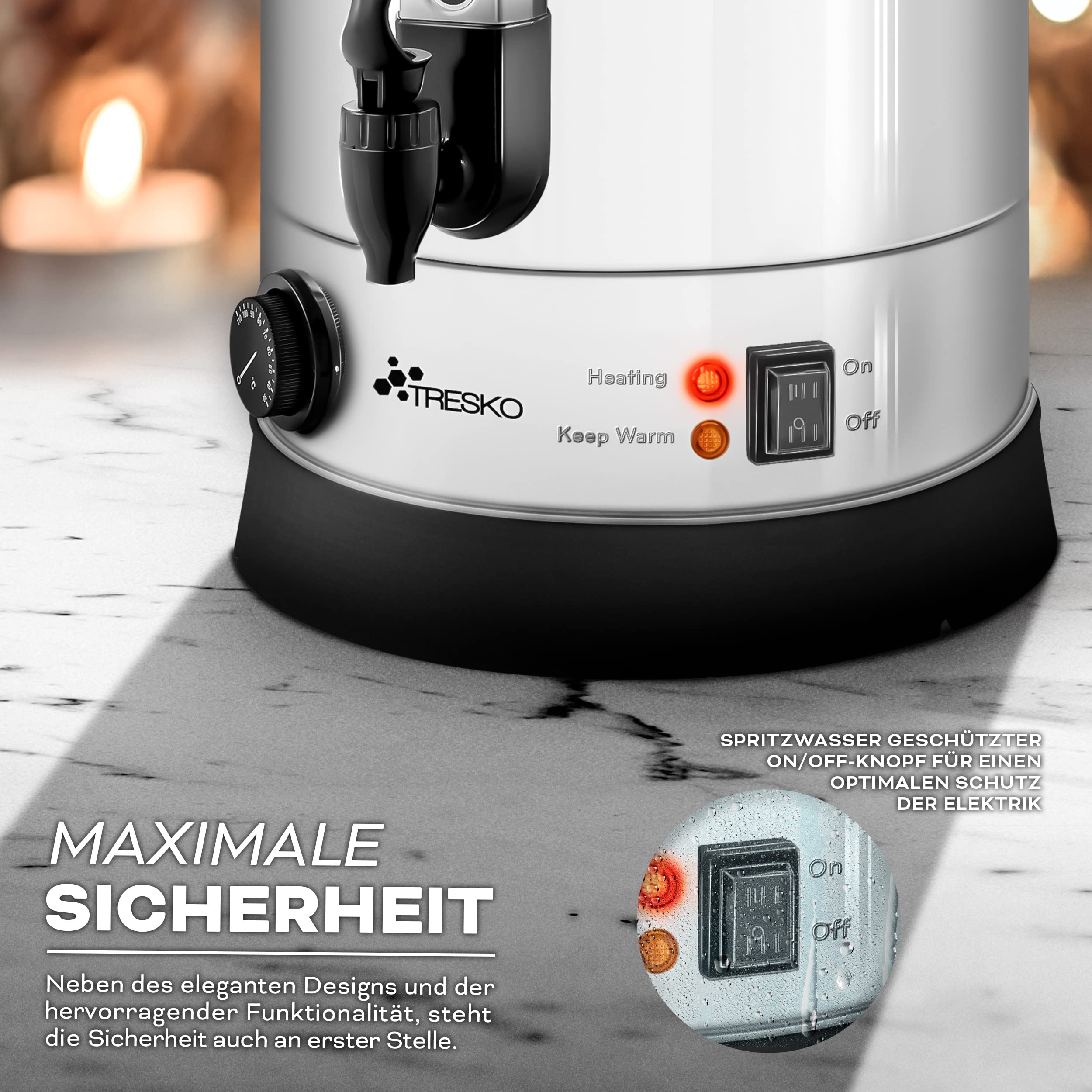 TRESKO® 10L 1500W Stainless Steel Automatic Mulled Wine Kettle - Hot Beverage Dispenser & Hot Water Distributor for Home, Restaurant & Party Use