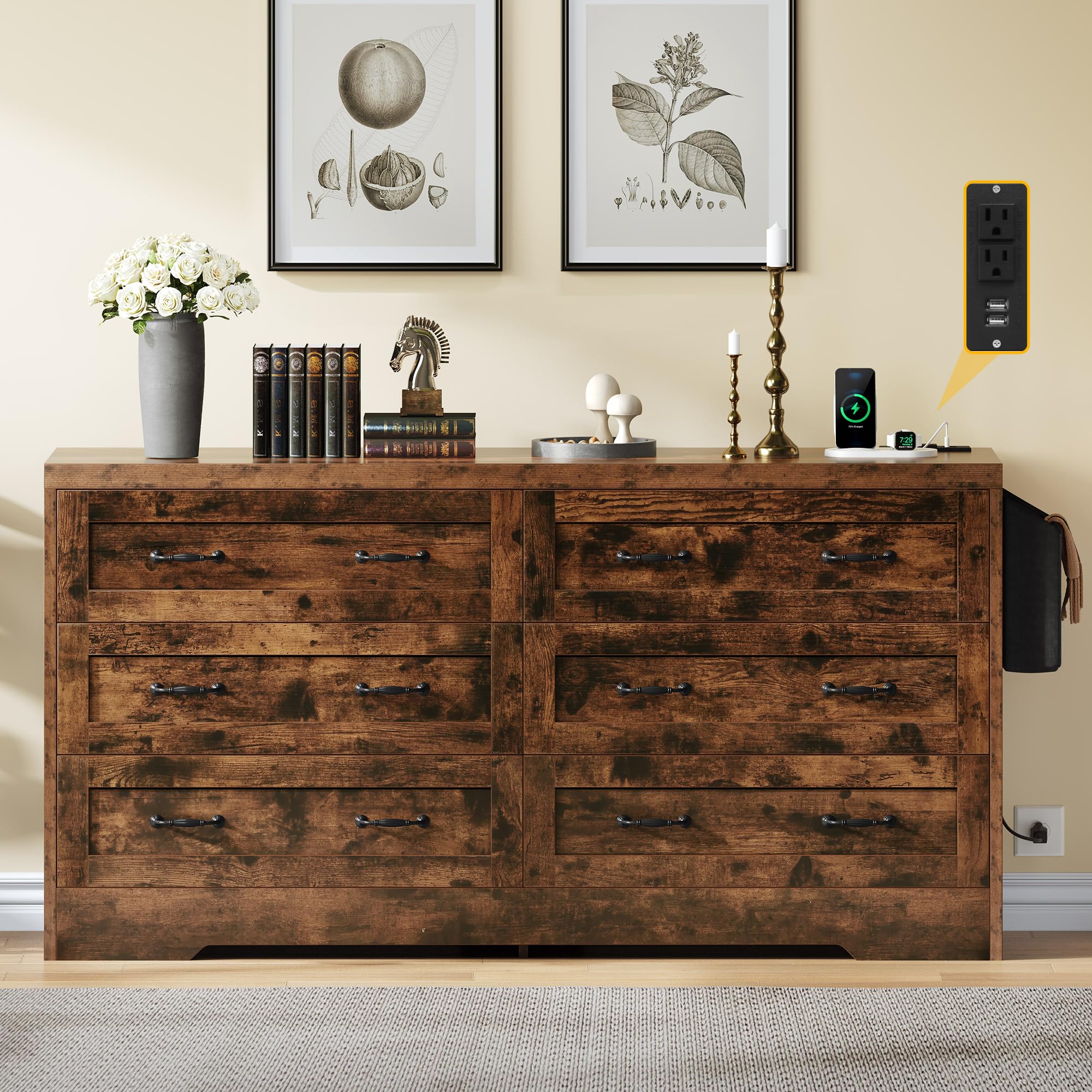 Modern Farmhouse 6-Drawer Dresser with Power Outlets - 59.5