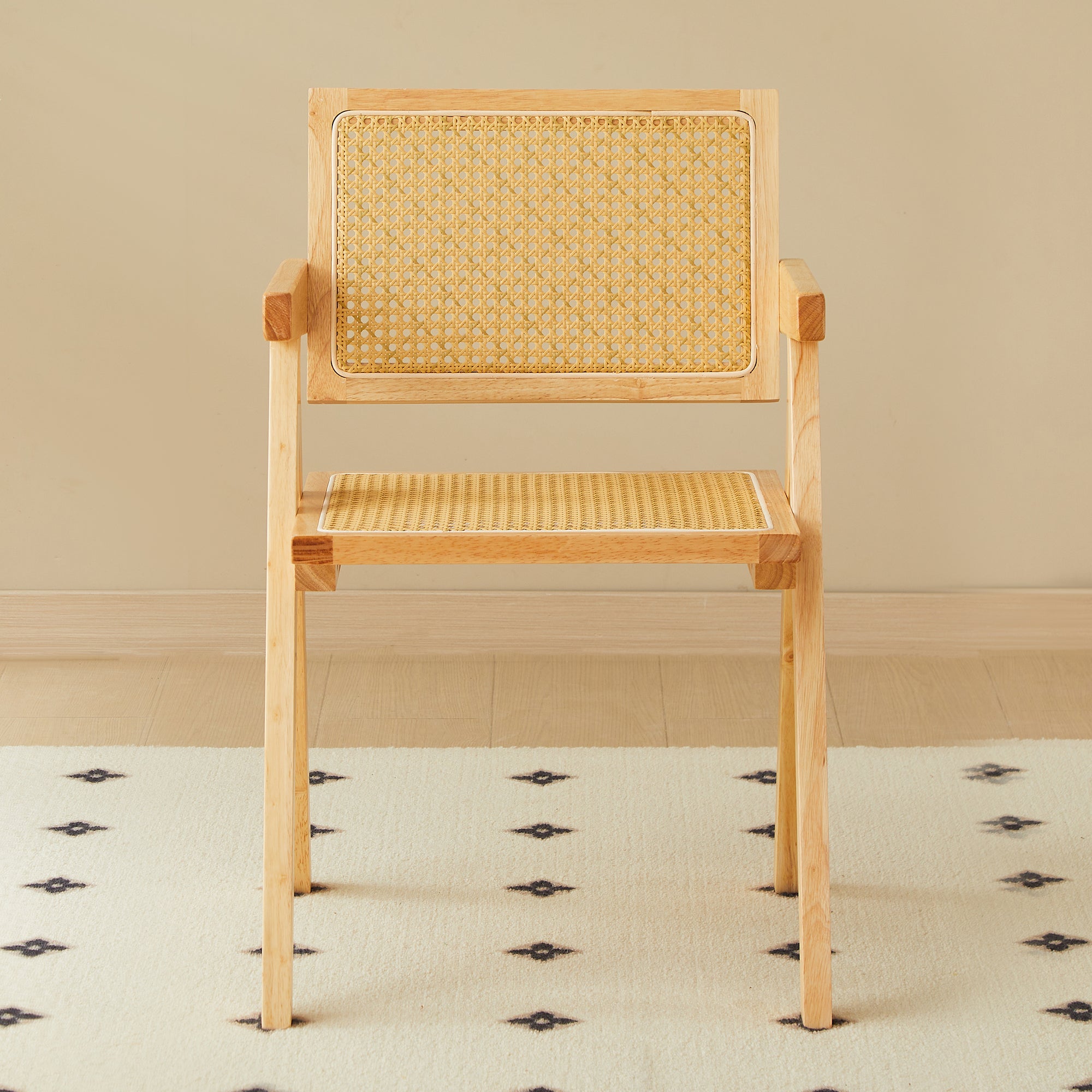 Solid Wood Dining Chairs with Armrests - Natural Rubber Wood & Rattan Woven Design for Kitchen, Dining Room, or Outdoor Patio