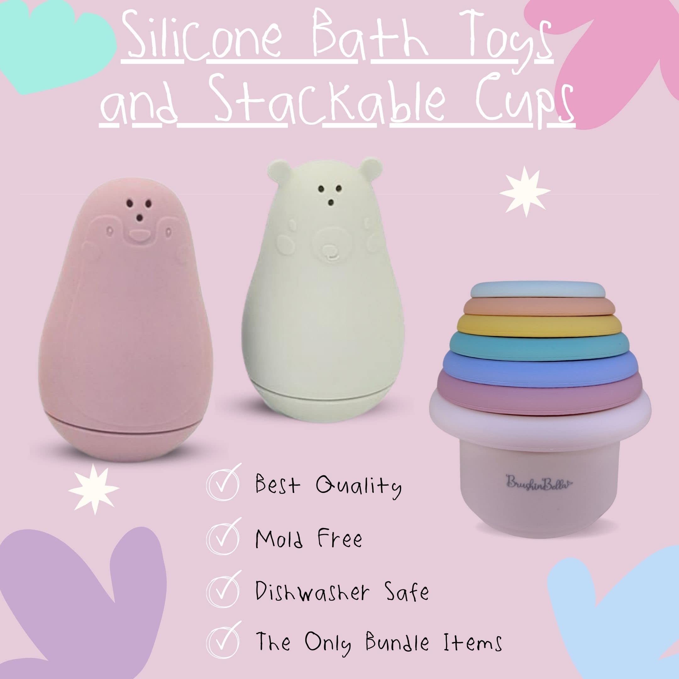 Non-Toxic Silicone Bath Toys 4-Pack - Montessori Stackable Cups for Baby & Toddler - Dishwasher Safe Bathtub Toys - Sensory Learning & Water Play - Perfect for Bath Time, Pool, and Beach Fun