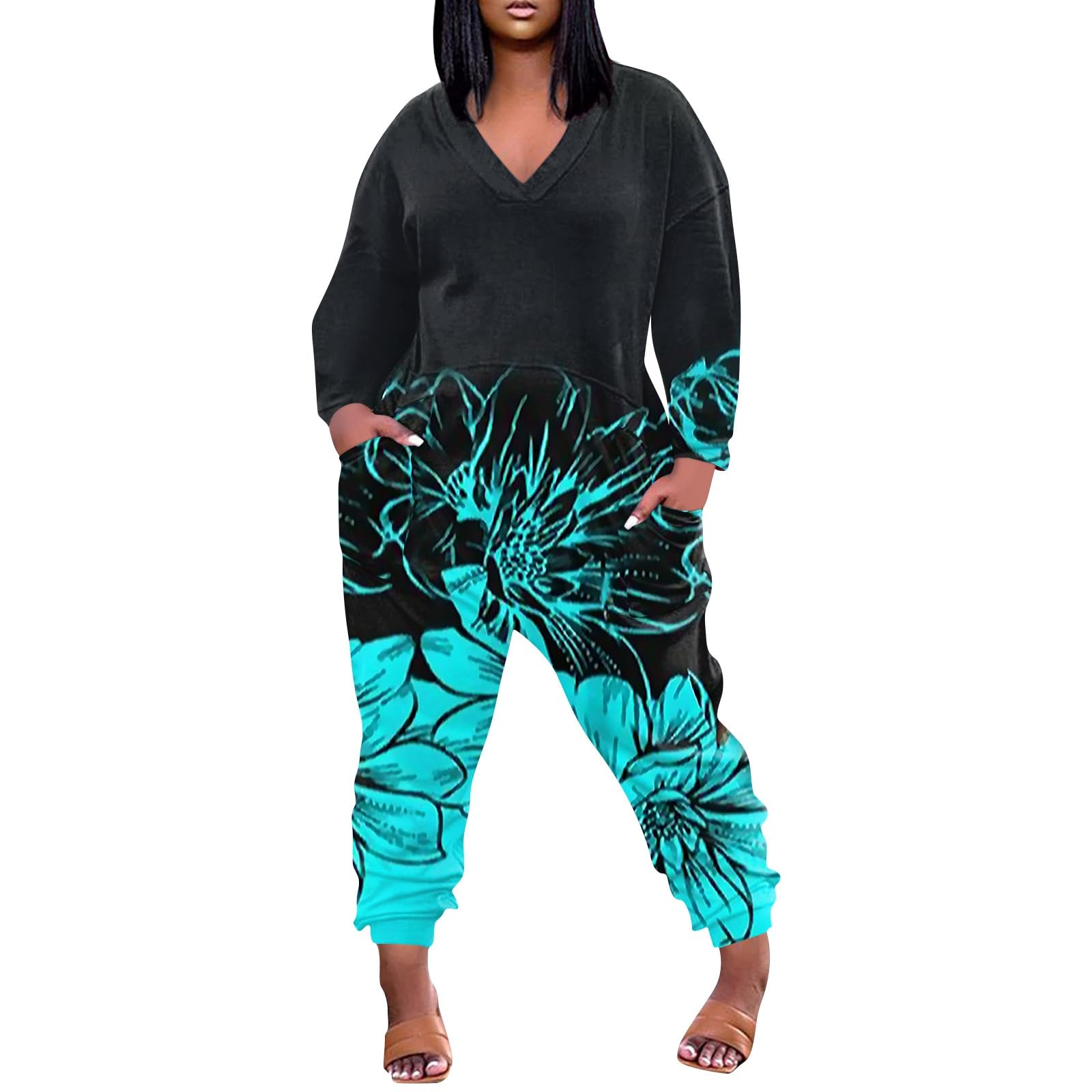 PVTOSD Women's Long Sleeve Jumpsuit - Black Printed V-Neck Loose Fit Romper with Pockets, Maternity & Plus Size (4XL, Blue) | Casual Clubwear, Date Night Outfits & Everyday Stylish Overalls