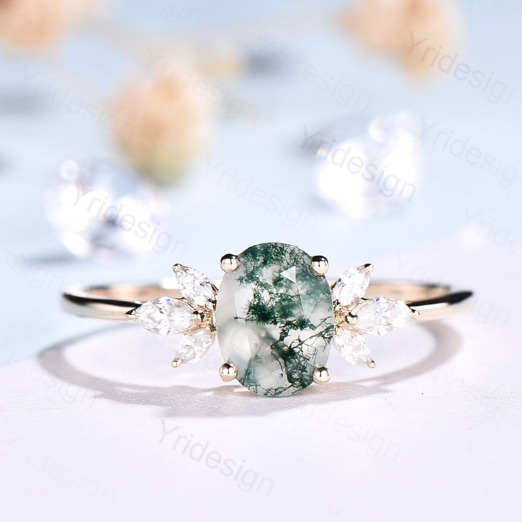 1.5CT Oval Natural Moss Agate Engagement Ring with Diamond Accents | Vintage Art Deco Wedding Band | Green Crystal Anniversary Jewelry for Women | Perfect for Proposals, Weddings & Special Occasions