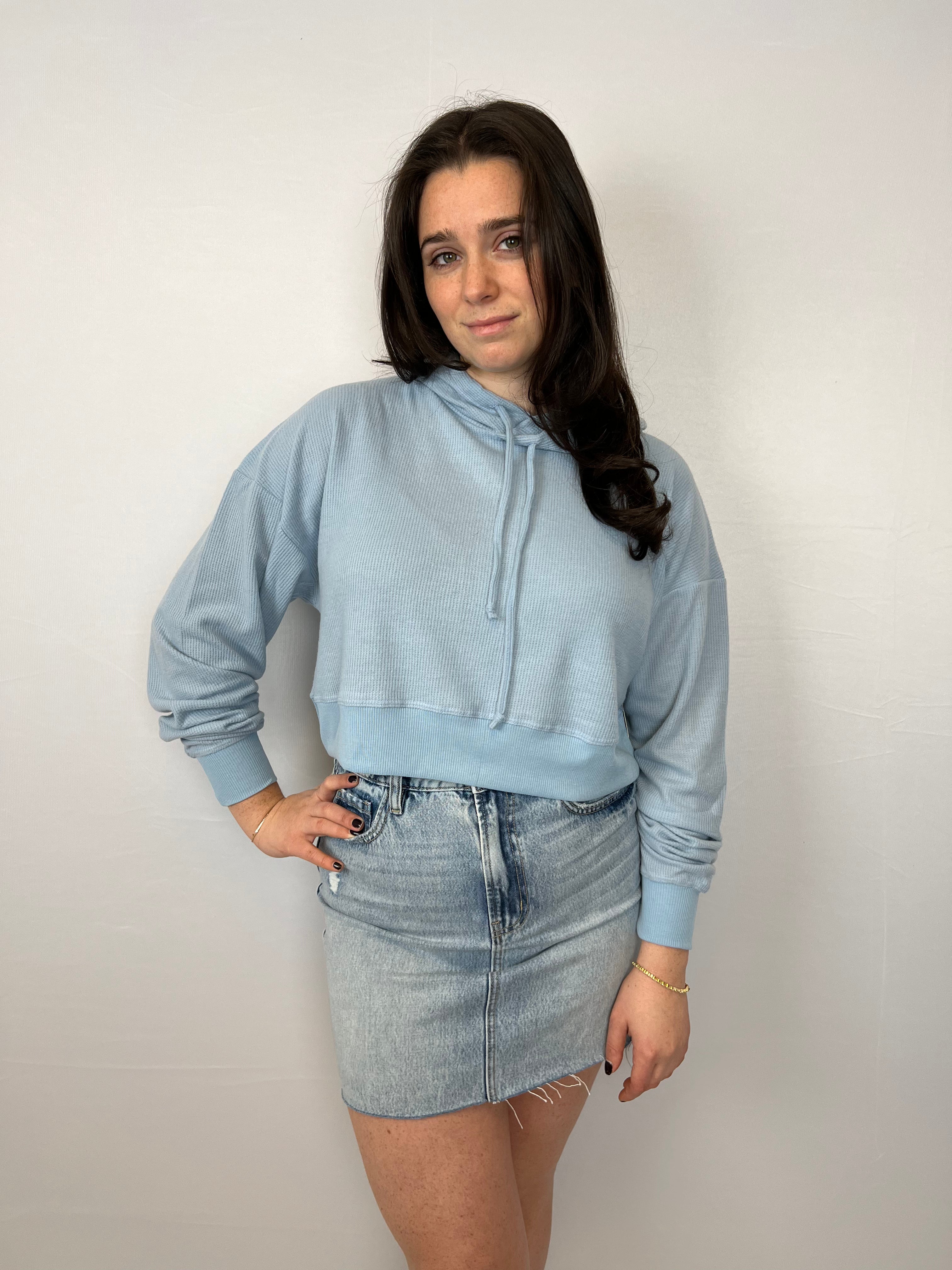 Super Soft Powder Blue Waffle Crop Hoodie for Women - Cozy Oversized Pullover Sweatshirt for Lounge, Yoga & Casual Outfits