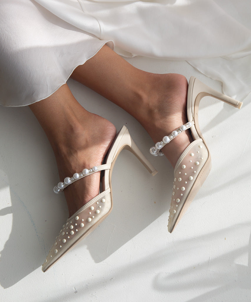 KATIK Pearl Heels Ivory Mesh - Elegant Women's High Heel Sandals for Weddings, Parties & Special Occasions | Comfortable & Stylish Evening Shoes