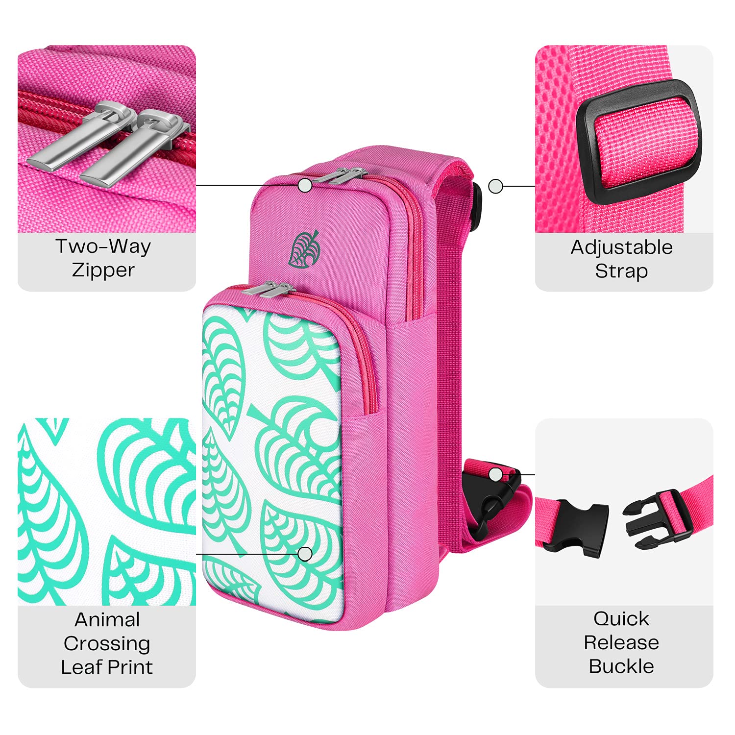 Cute Pink TNP Travel Shoulder Bag for Nintendo Switch & Switch Lite - Portable Carrying Case Compatible with Animal Crossing Games, Console & Dock Charger - Perfect for Travel, Commuting & Gaming On-The-Go
