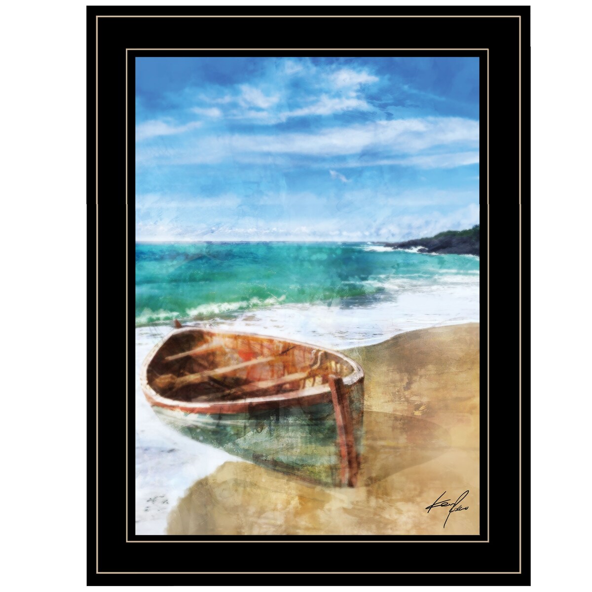 Ken Roko Beach Boat Wall Art - Ready to Hang Framed Print with Black Frame - Perfect for Living Room, Bedroom & Office Decor