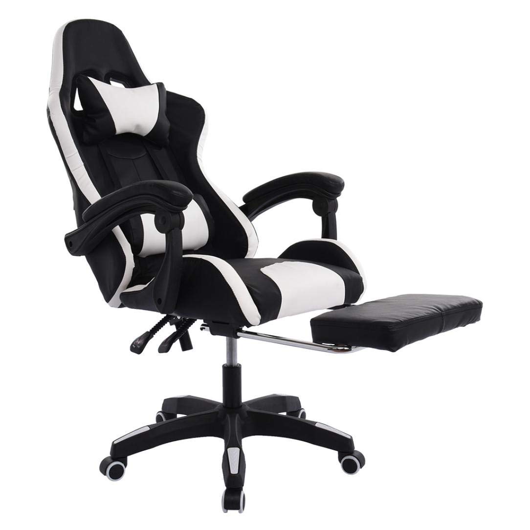 Ergonomic Gaming Chair with Adjustable Footrest & Lumbar Support - High Back Racing Style Office Chair with Headrest & Swivel Base - Perfect for PC Gaming, Work & Home Office (White)