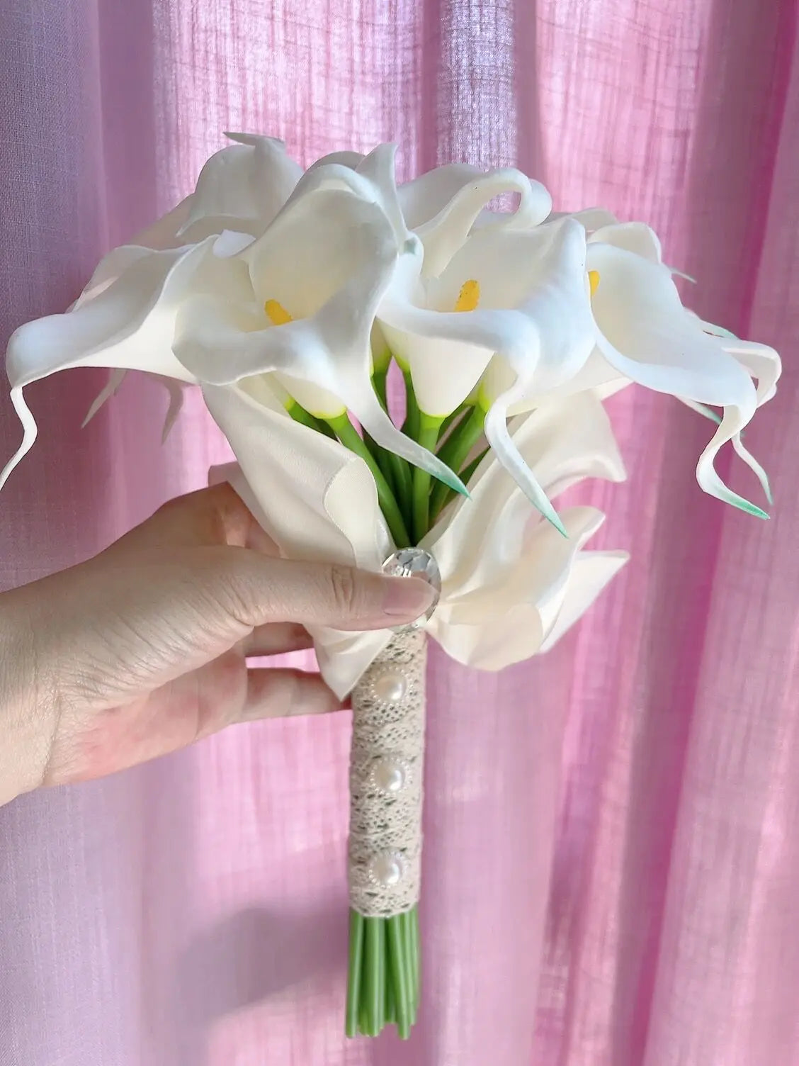 White Calla Lily Bridal Bouquet - Handmade Artificial Silk Wedding Flowers for Bridal Shower, Ceremony & Home Decor